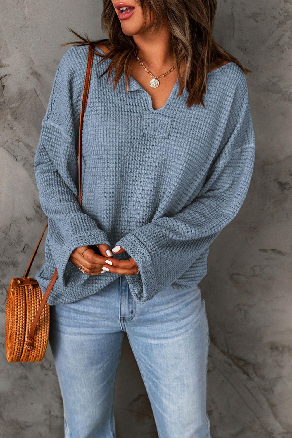 Womens  Long Sleeve Tops | Dusk Blue Waffle Knit Loose Long Sleeve Top Long Sleeve Tops Dusk Blue