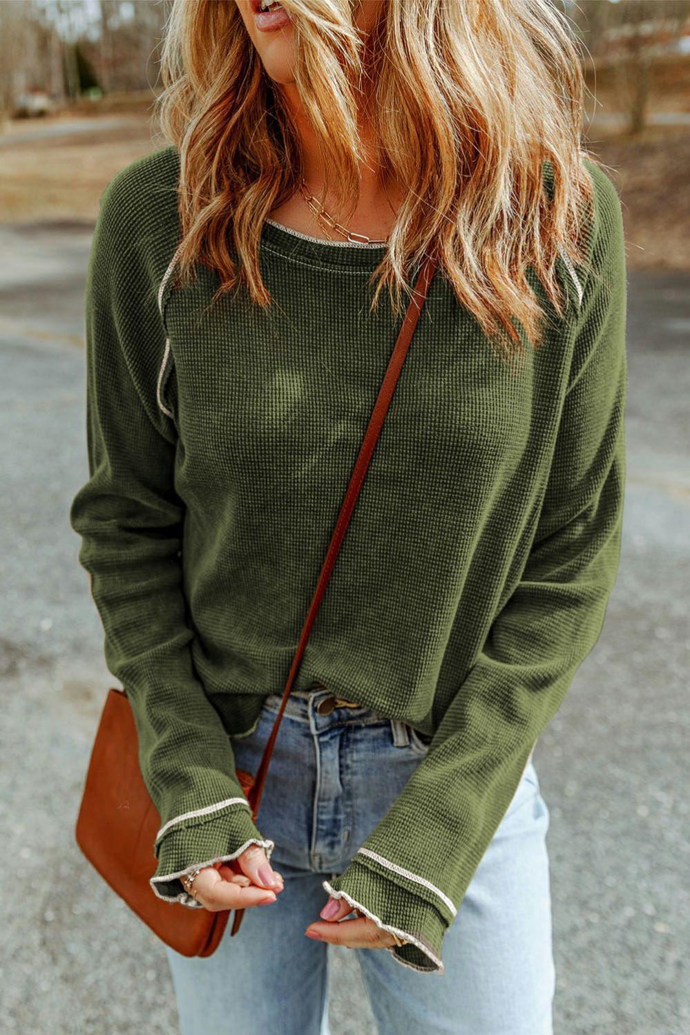 Womens  Long Sleeve Tops | Green Textured Round Neck Long Sleeve Top TOPS Jungle Green