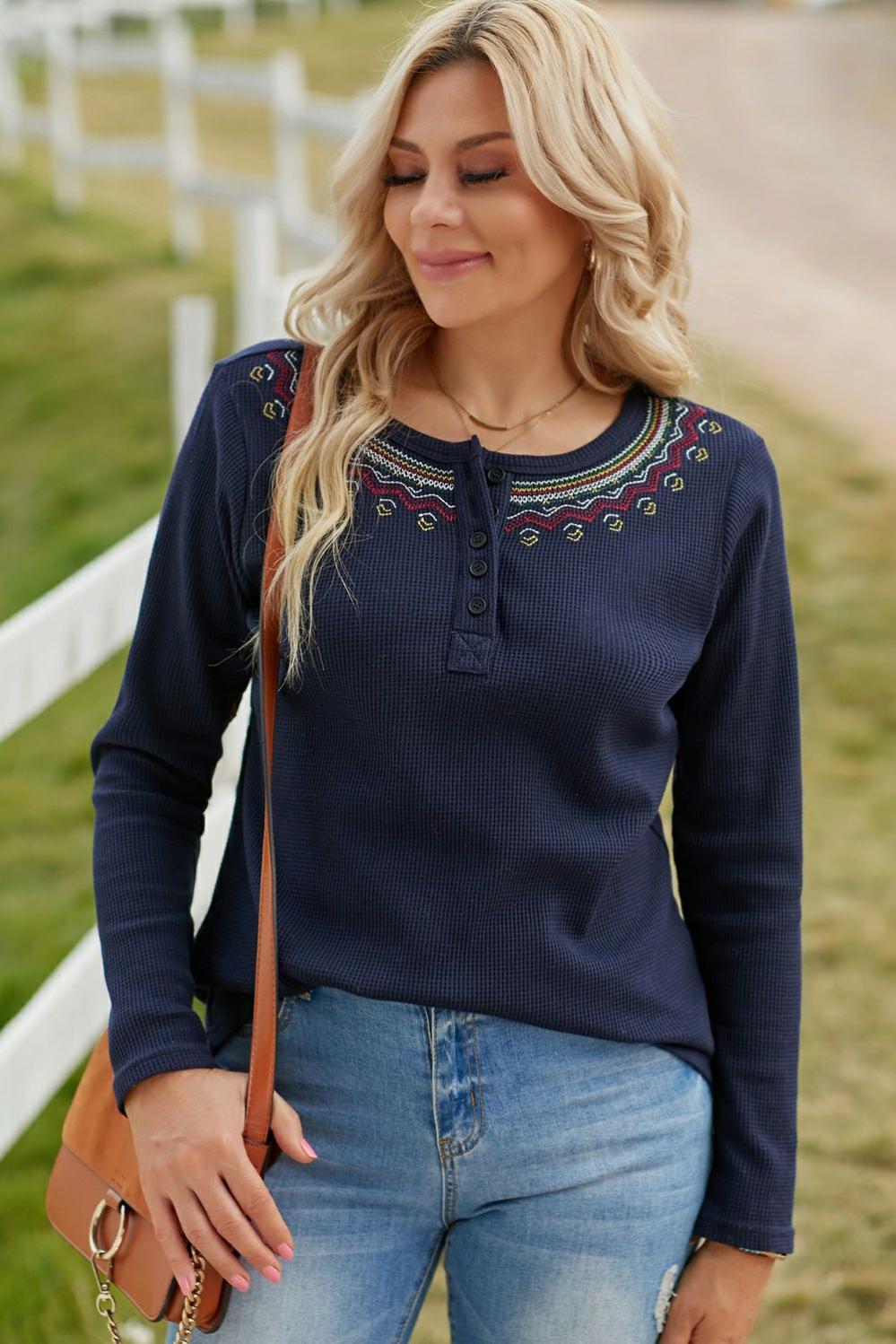 Womens  Long Sleeve Tops | Navy Blue Embroidered Round Neck Waffle Top Long Sleeve Tops Blue