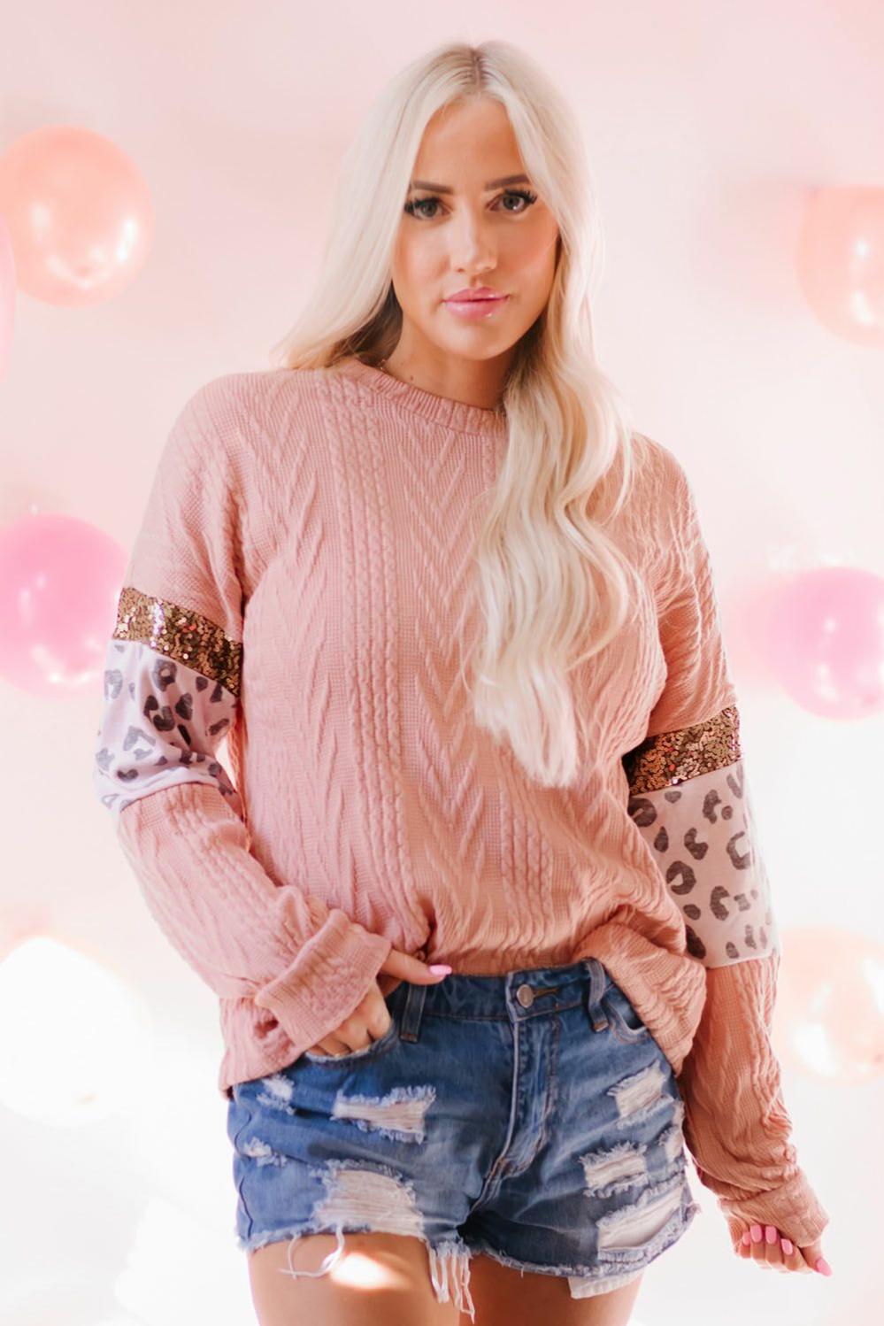 Womens  Long Sleeve Tops | Pink Leopard Sequin Splicing Sleeves Textured Knit Top Long Sleeve Tops Long Sleeve Tops