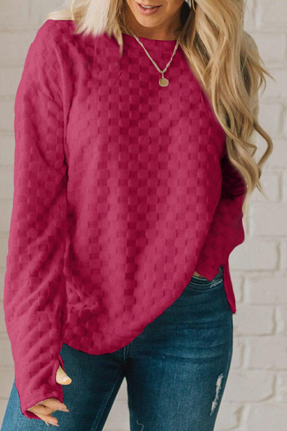 Womens  Long Sleeve Tops | Rose Red Solid Textured Thumbhole Sleeve Top Long Sleeve Tops Long Sleeve Tops