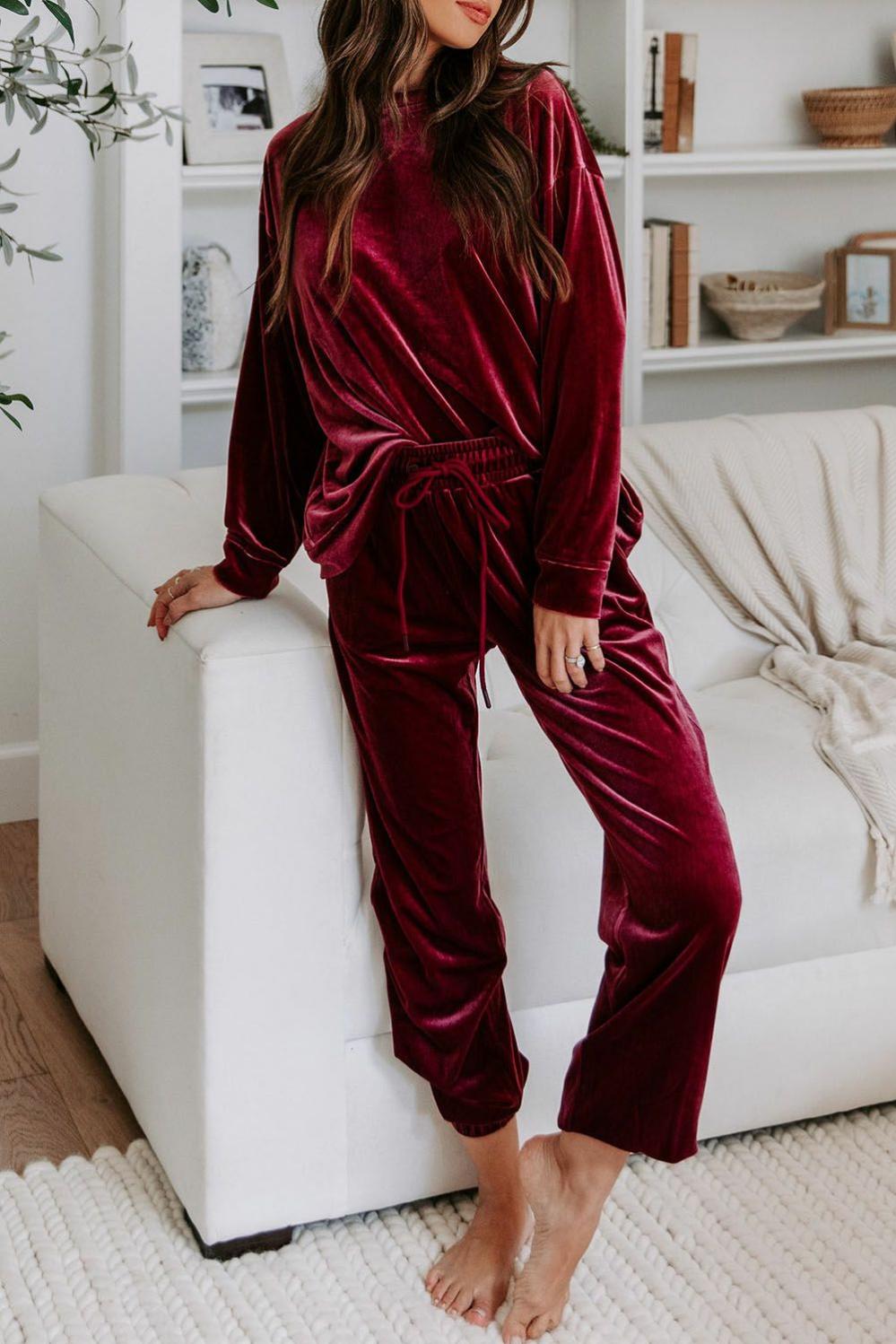 Womens  Loungewear | Fiery Red Solid Velvet Two Piece Lounge Set Loungewear Fiery Red