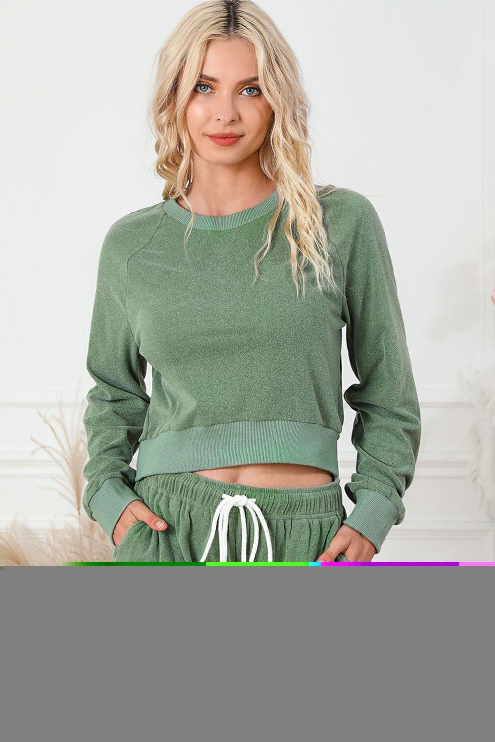 Womens  Loungewear | Green Fleece Two-piece Cropped Pullover and Shorts Set Loungewear Green