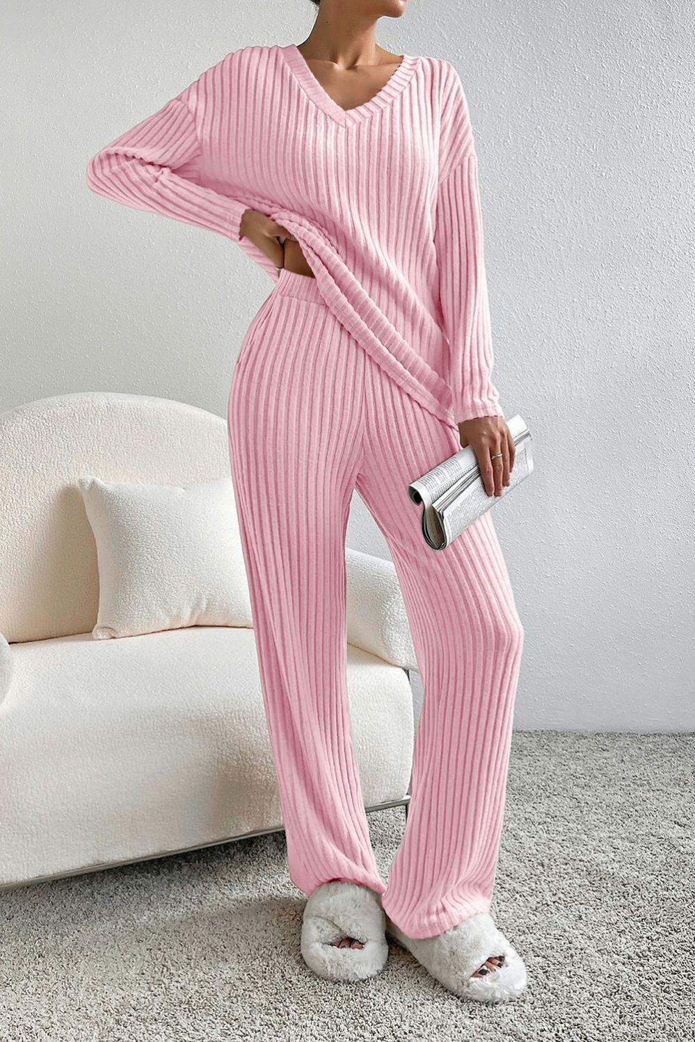 Womens  Loungewear | Light Pink Ribbed Knit V Neck Slouchy Two-piece Outfit Loungewear Light Pink