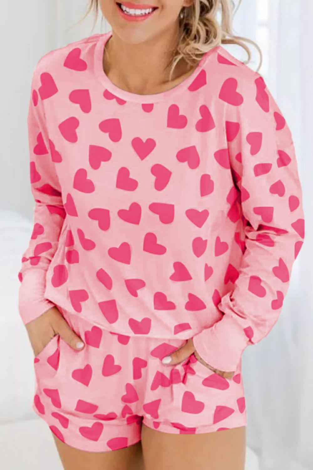 Womens  Loungewear | Pink Valentine Heart Shape Print Long Sleeve Top Shorts Lounge Set Loungewear Loungewear