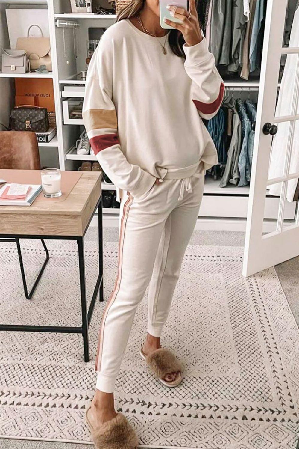 Womens  Loungewear | White Color Block Sleeve Contrast Trim Sideseam Lounge Set Loungewear Loungewear