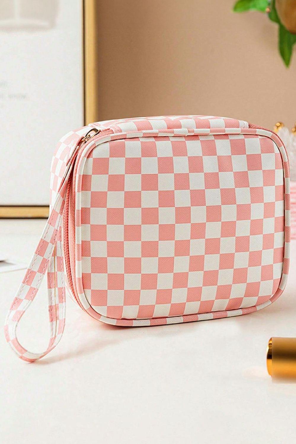 Womens  Makeup Bags | Light Pink Checkered Pattern Small Cosmetic Bag Makeup Bags Light Pink