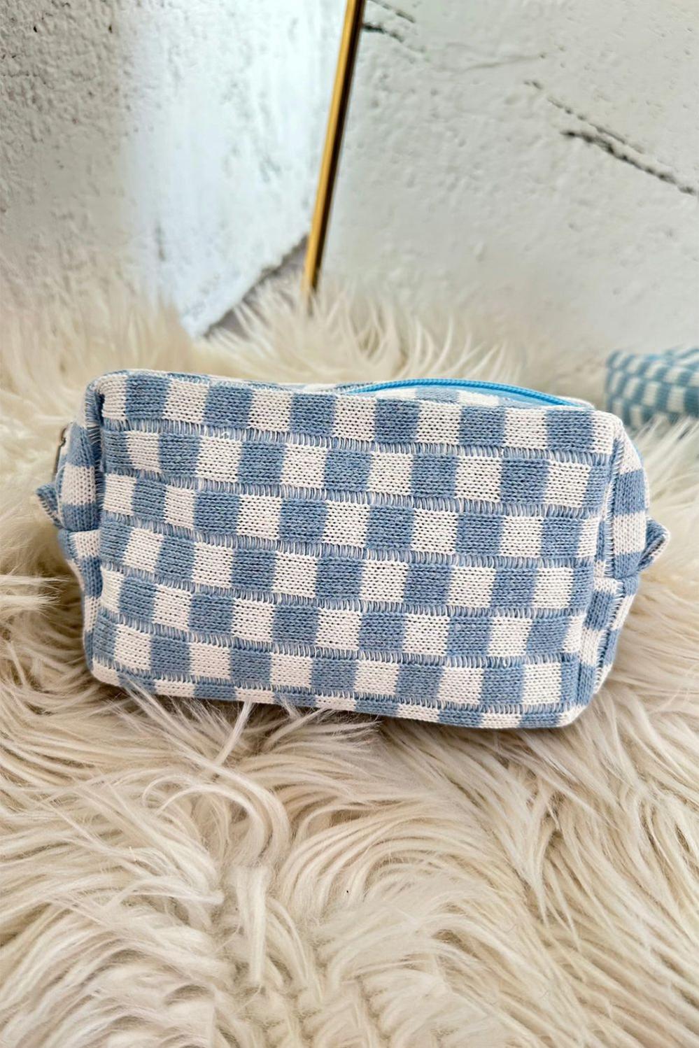 Womens  Makeup Bags | Sky Blue Checkered Knitted Zipper Makeup Bag Makeup Bags Makeup Bags