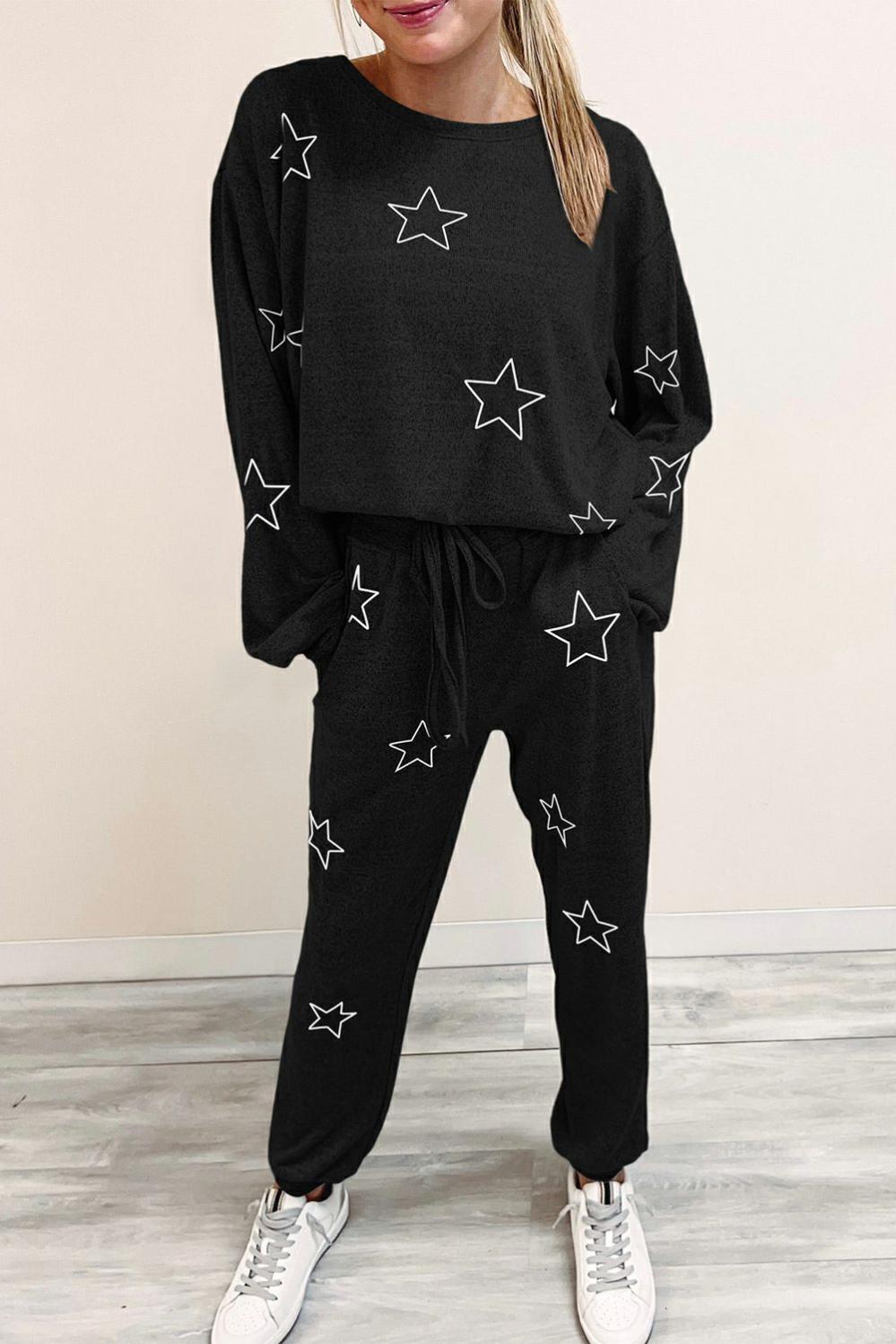 Womens  Pant Sets | Black Stars Print Long Sleeve Drawstring High Waist Lounge Set Pant Sets Black