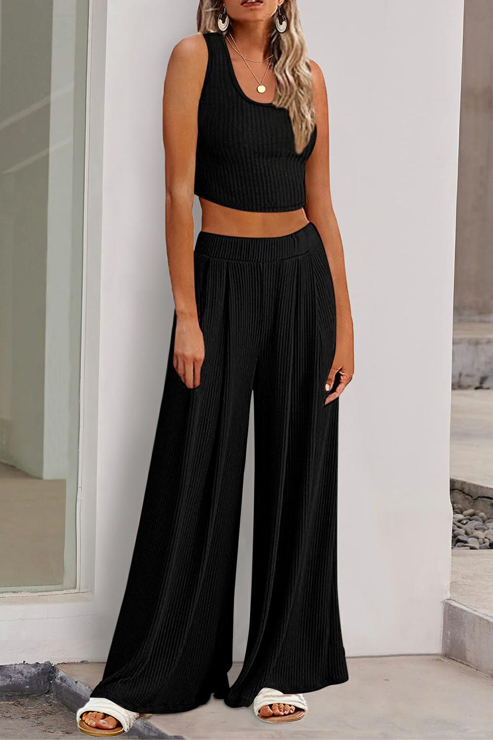 Womens  Pant Sets | Black Textured Sleeveless Crop Top and Wide Leg Pants Outfit Pant Sets Black