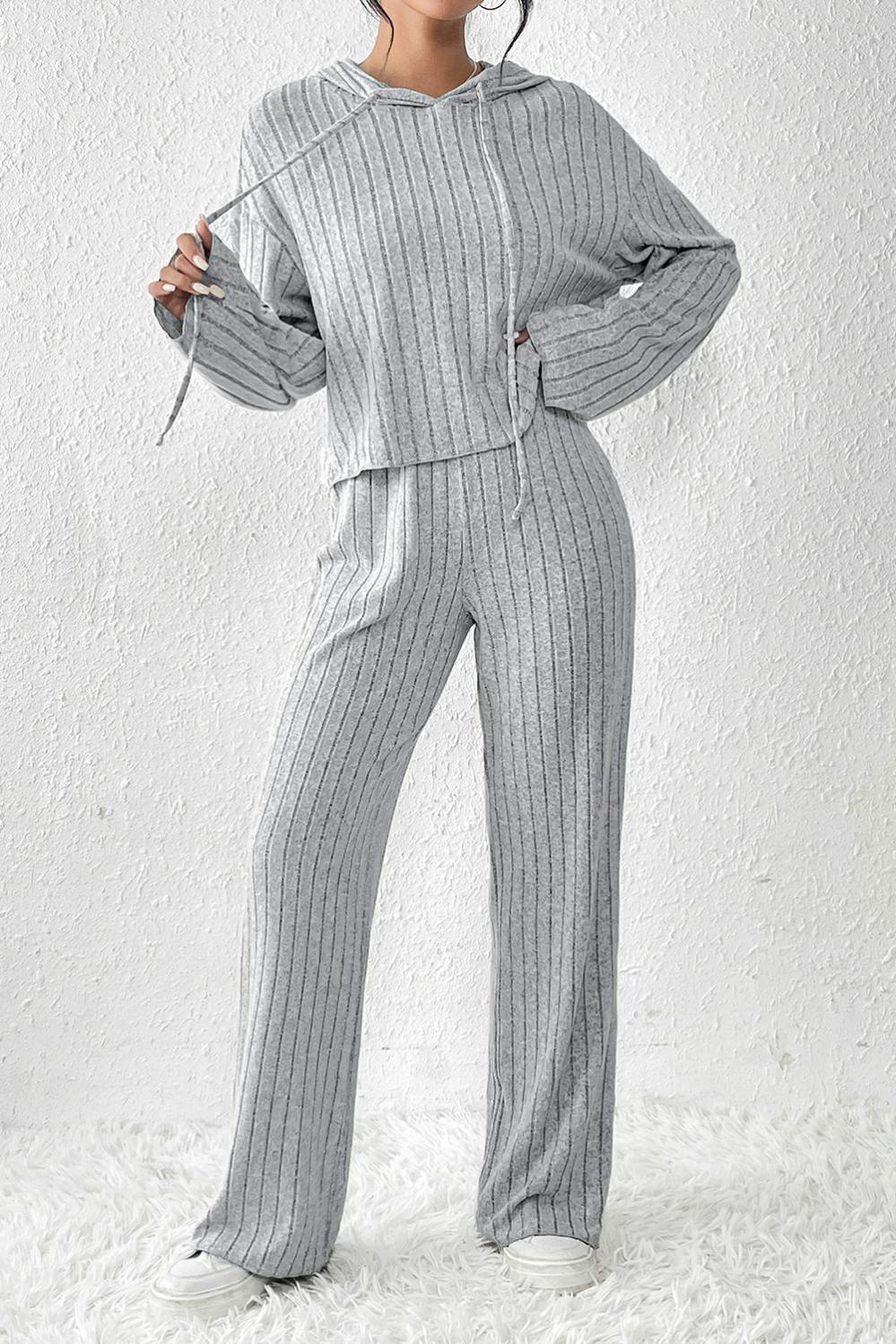 Womens  Pant Sets | Gray Ribbed Knit Slouchy Hoodie Wide Leg Pants Set Pant Sets Gray