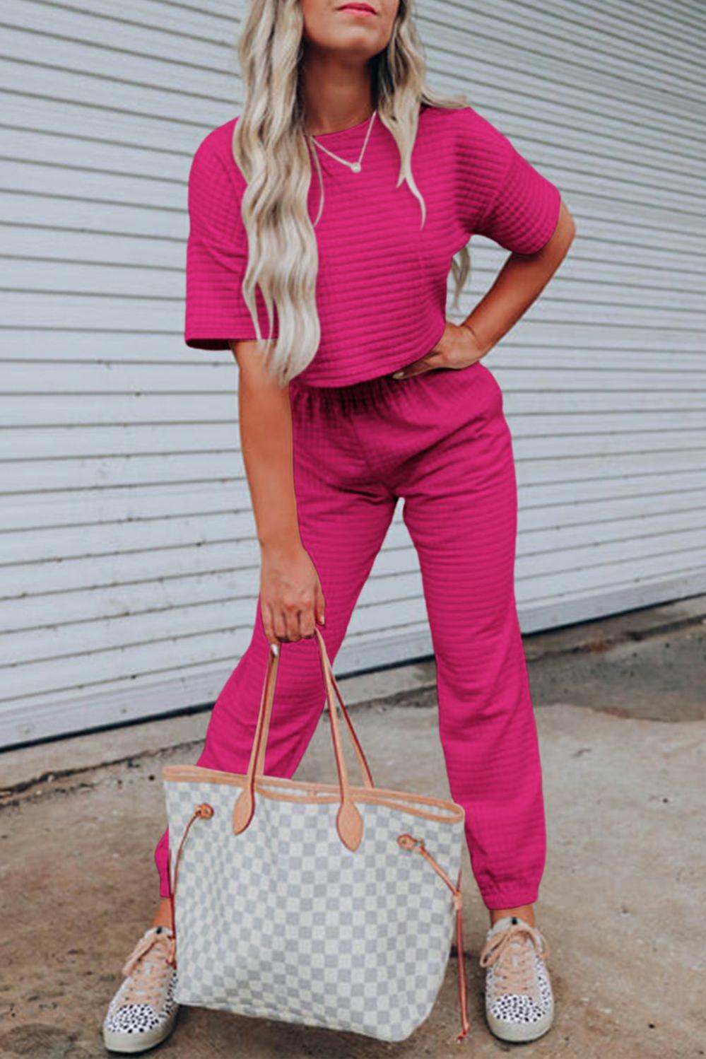 Womens  Pant Sets | Rose Red Lattice Textured Cropped Tee and Jogger Pants Set Pant Sets Pant Sets