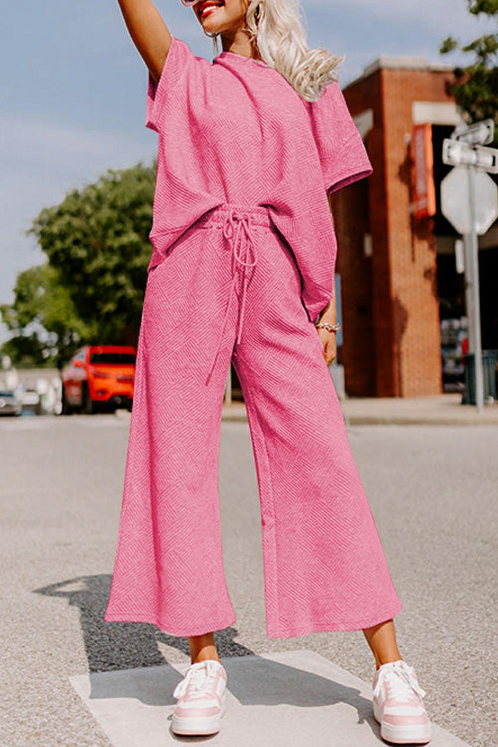 Womens  Pant Sets | Strawberry Pink Textured Loose Fit T Shirt and Drawstring Pants Set Pant Sets Pant Sets