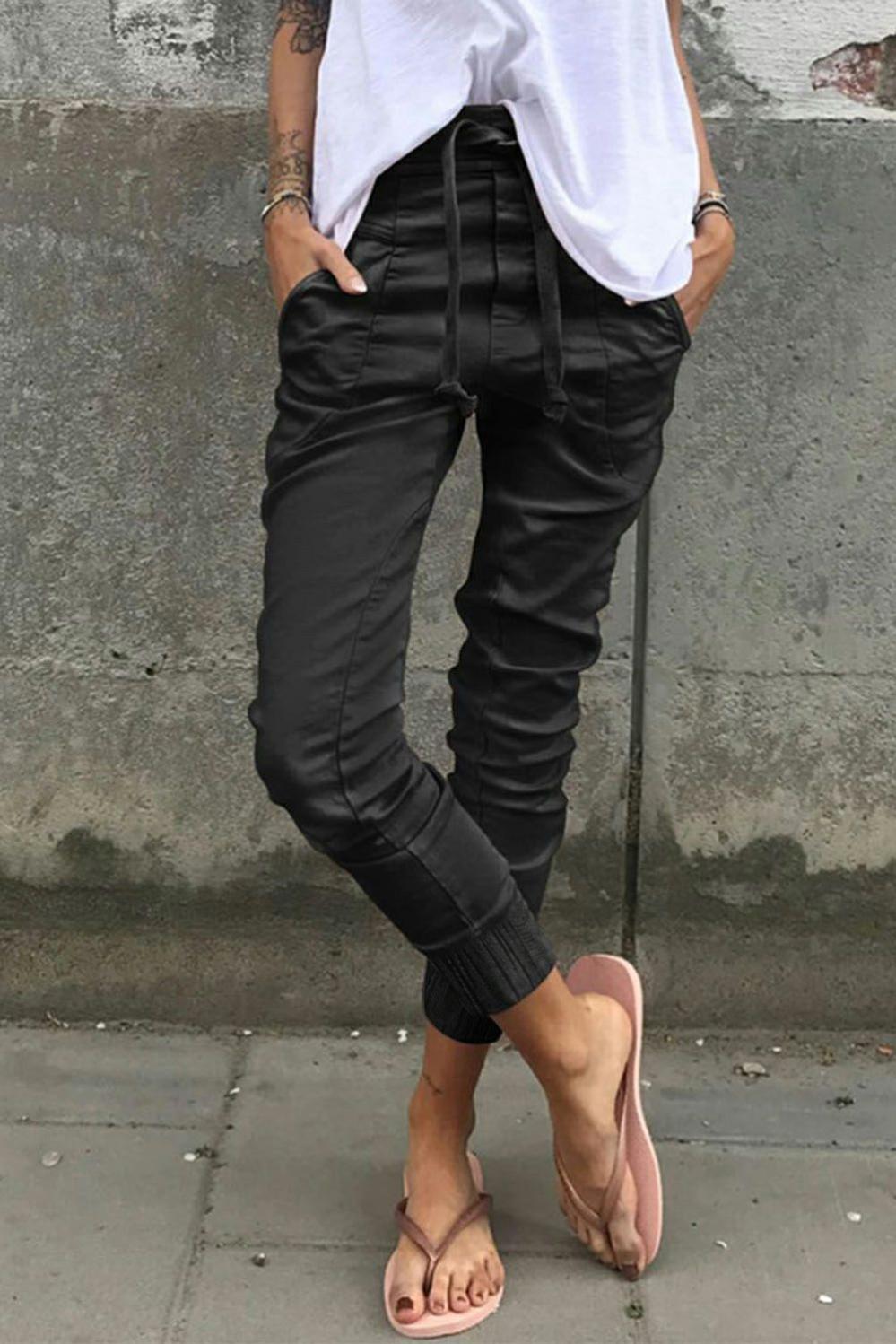 Womens  Pants & Culotte | Black High Waist Drawstring Pocketed Pants BOTTOMS Black