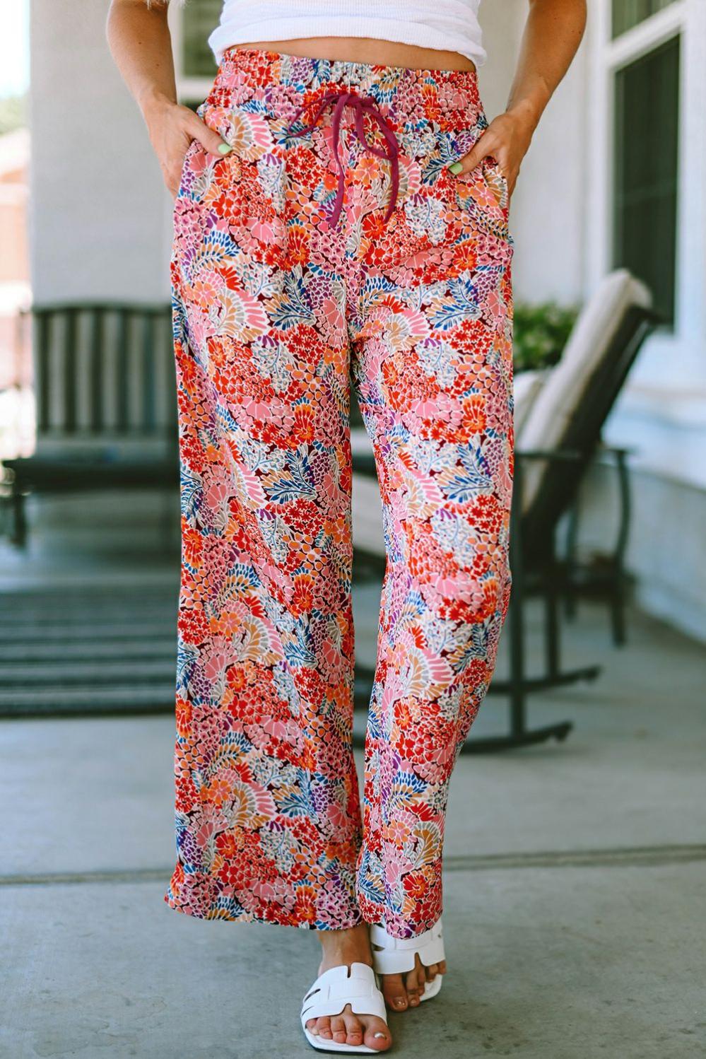 Womens  Pants & Culotte | Fiery Red Gorgeous Print Drawstring Smocked High Waist Pants BOTTOMS Fiery Red