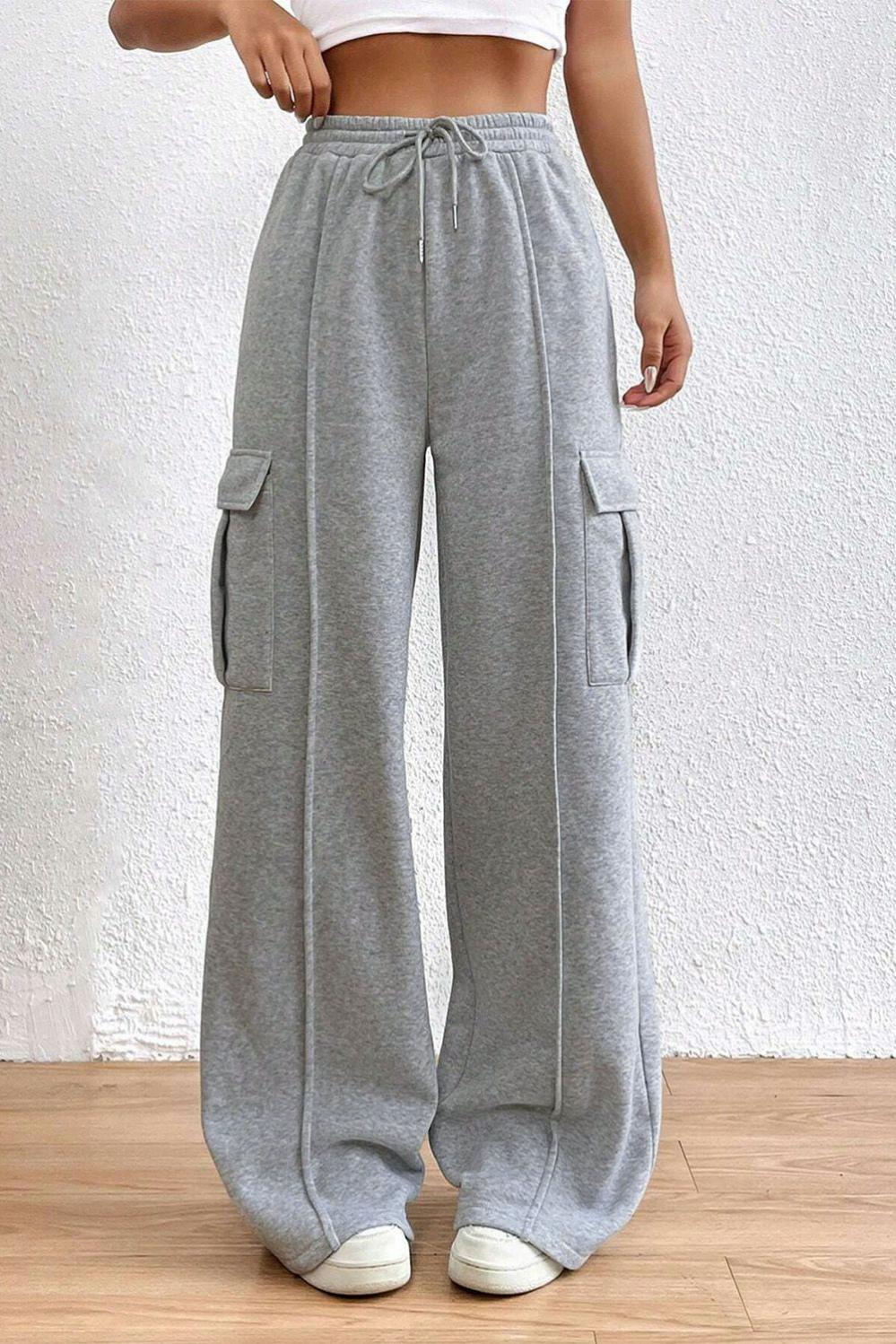 Womens  Pants & Culotte | Light Grey Drawstring Waist Cargo Sweatpants BOTTOMS Light Grey