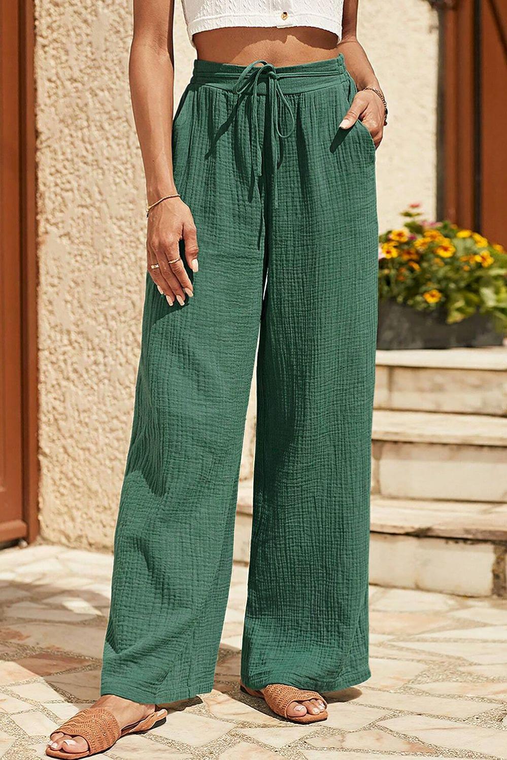 Womens  Pants & Culotte | Mist Green Crinkle Textured Drawstring High Waist Wide Leg Pants BOTTOMS Mist Green