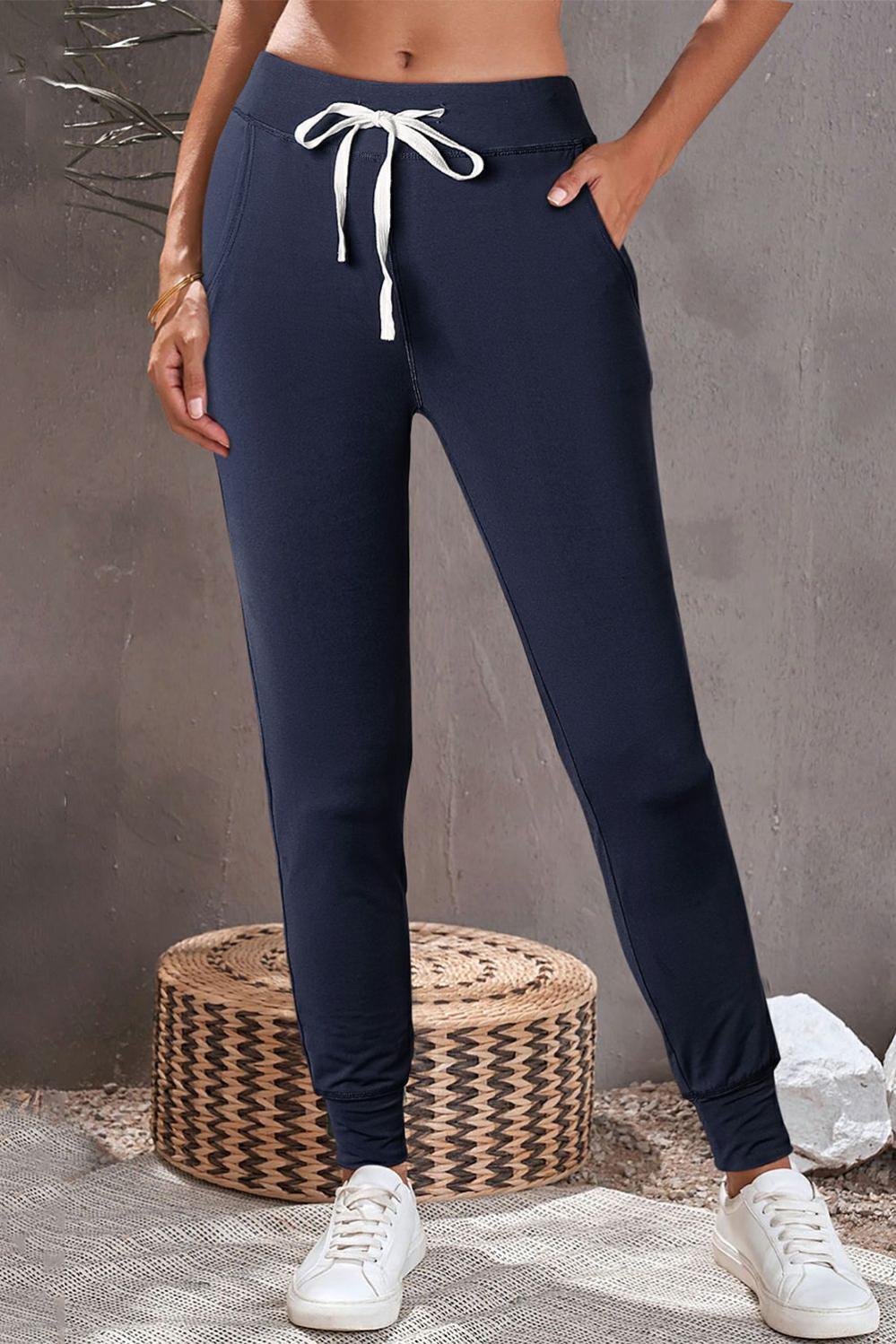 Womens  Pants & Culotte | Navy Blue Drawstring Waist Pocketed Joggers BOTTOMS Navy Blue