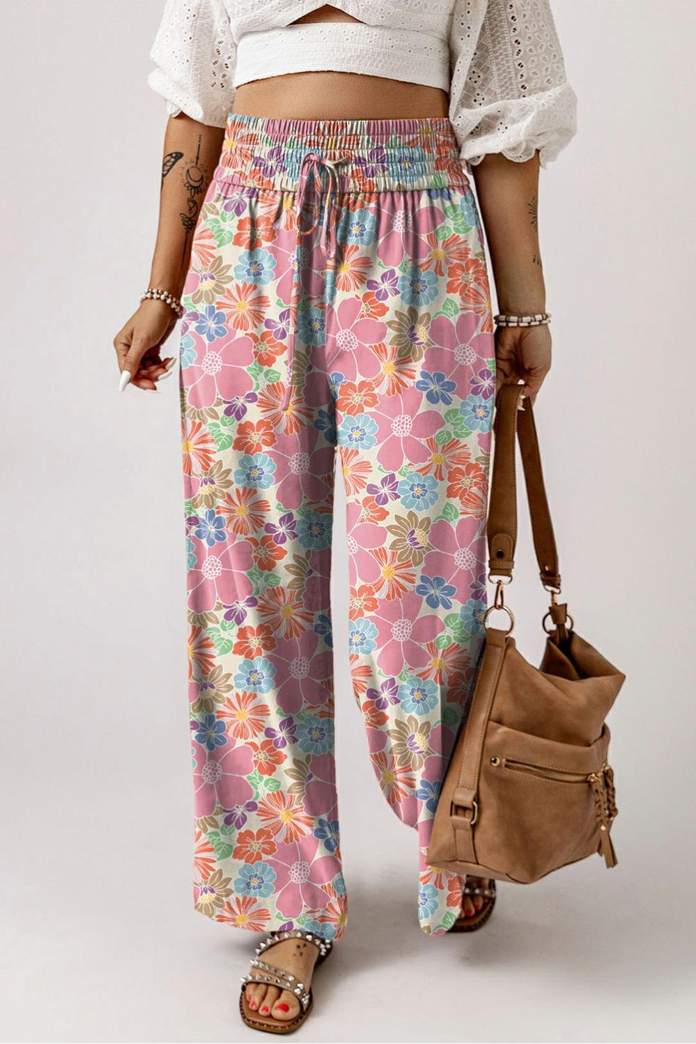 Womens  Pants & Culotte | Pink Floral Smocked Waist Loose Pants BOTTOMS Pants & Culotte