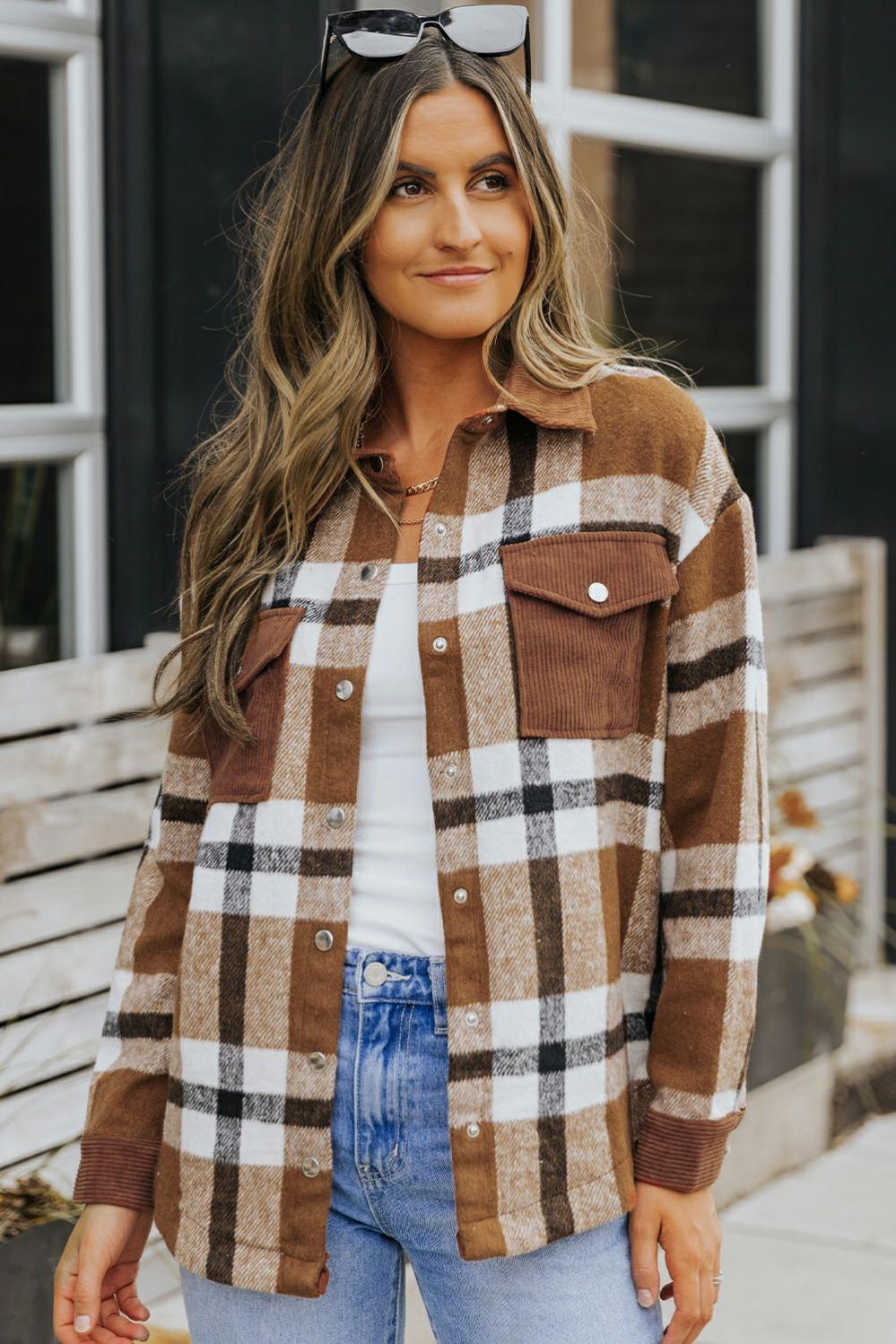 Womens  Plaid Shackets | Brown Pocketed Buttoned Plaid Shirt Jacket OUTERWEAR Brown