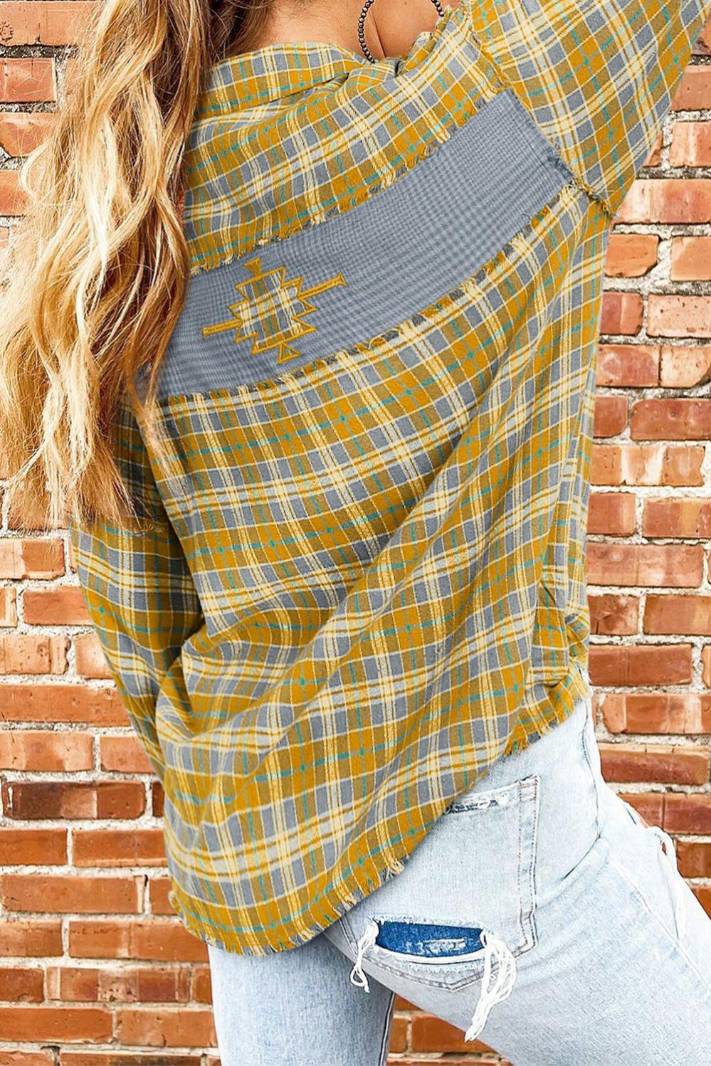 Womens  Plaid Shackets | Ginger Plaid Embroidery Patch Button-Down Shacket OUTERWEAR Ginger