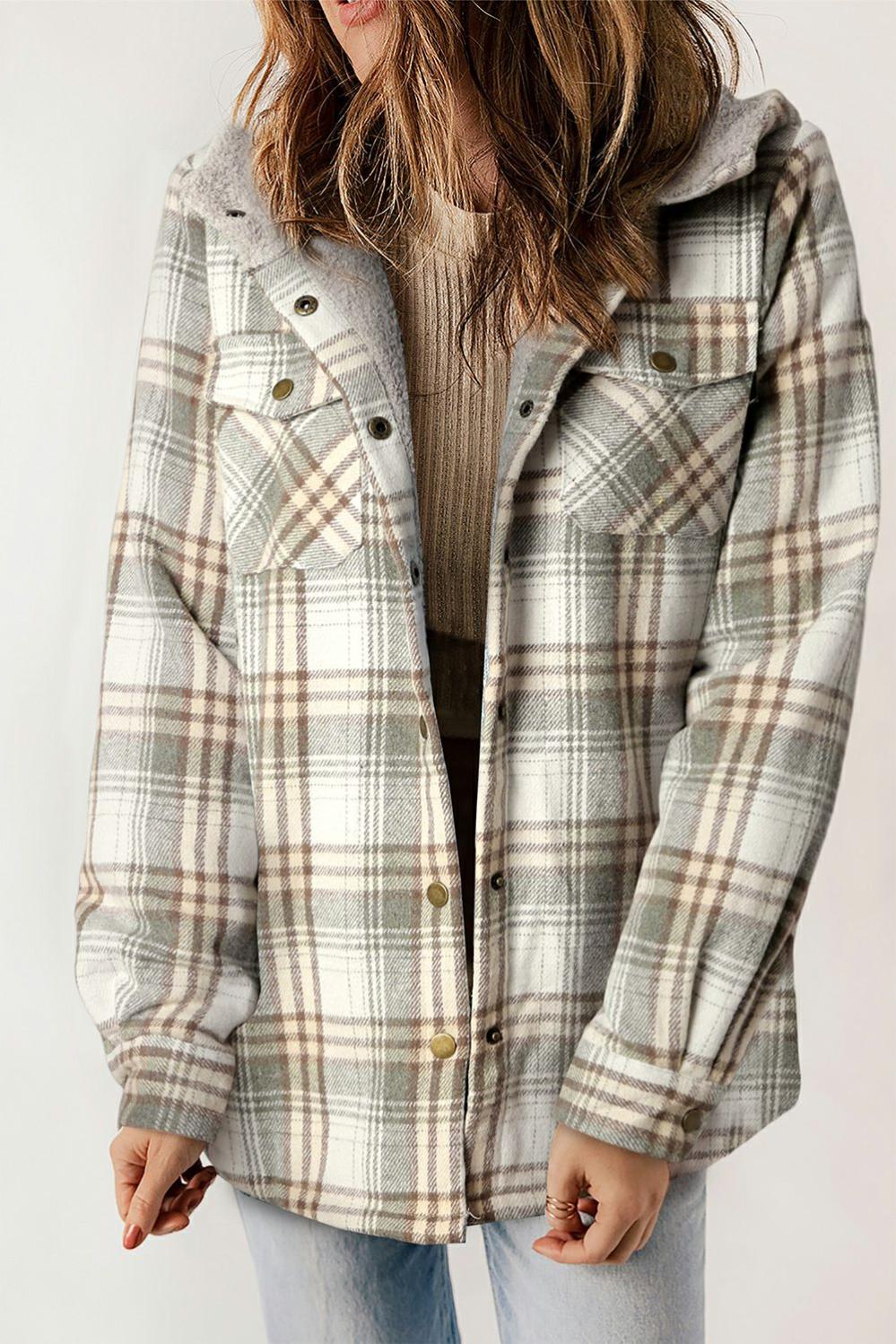 Womens  Plaid Shackets | Gray Plaid Pattern Sherpa Lined Hooded Shacket OUTERWEAR Gray