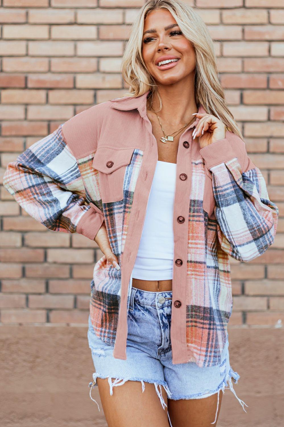 Womens  Plaid Shackets | Light Pink Plaid Corduroy Patchwork Chest Pocket Shacket OUTERWEAR Light Pink