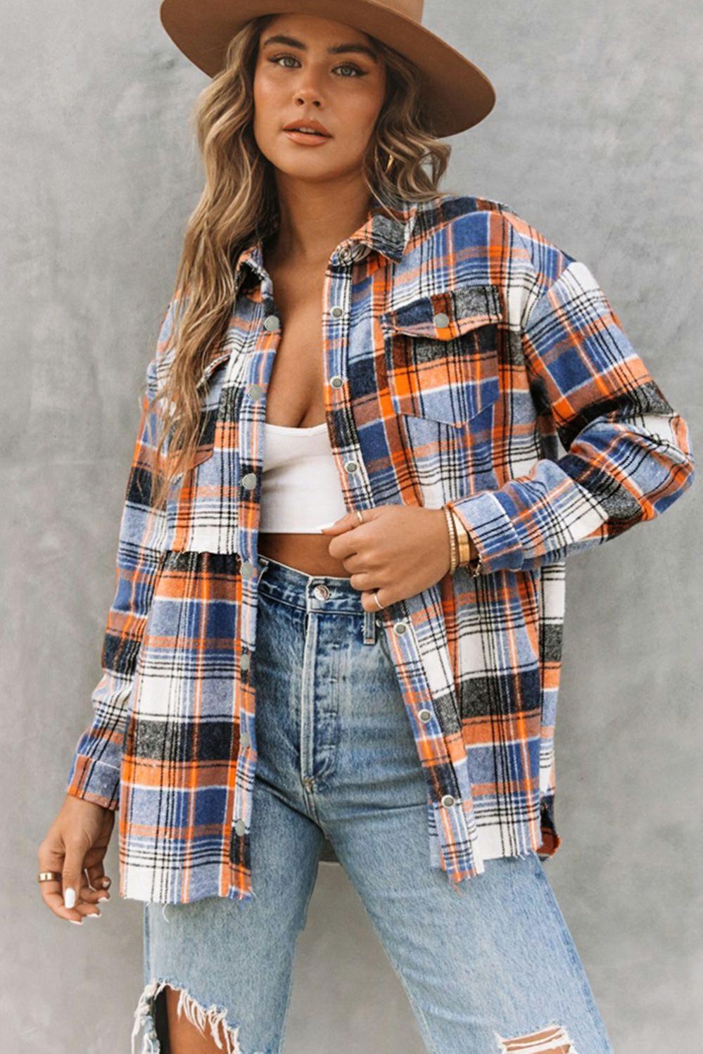 Womens  Plaid Shackets | Multicolor Plaid Button Down Ruffled Shirt Jacket OUTERWEAR Multicolor