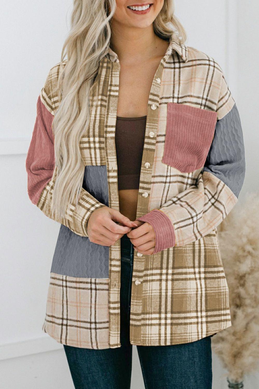 Womens  Plaid Shackets | Pink Plaid Color Block Patchwork Shirt Jacket with Pocket OUTERWEAR Pink