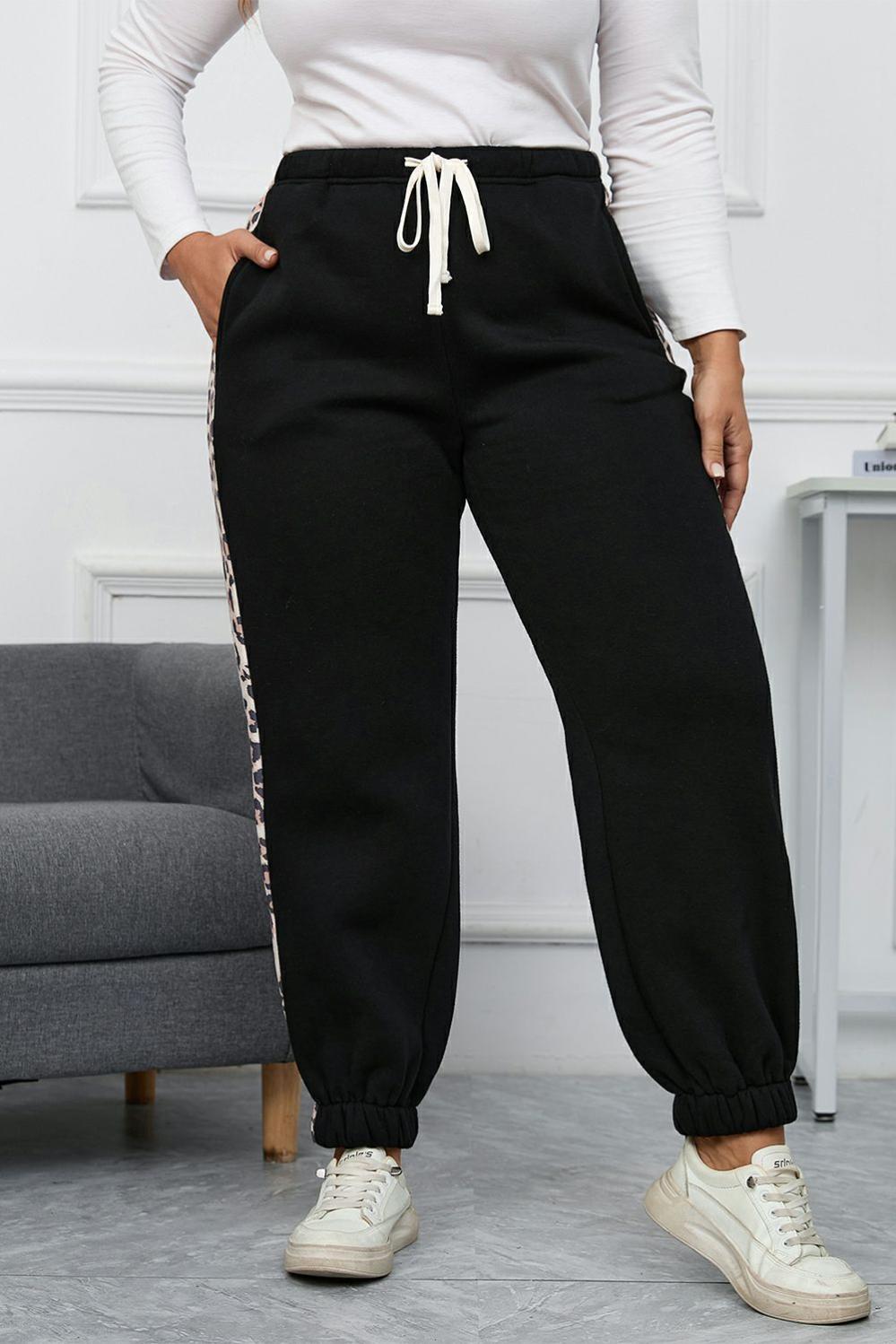 Womens  Plus Size Bottoms | Black Plus Size Contrast Leopard Side Panel Joggers PLUS SIZE Black