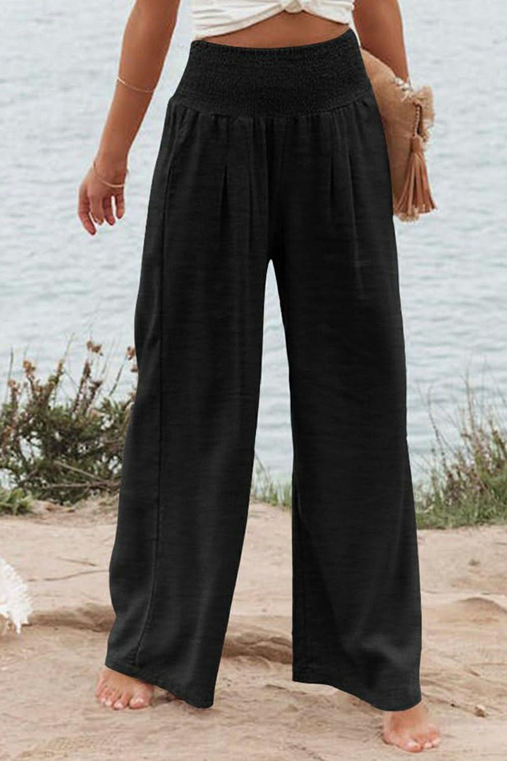 Womens  Plus Size Bottoms | Black Shirred High Waist Plus Size Wide Leg Pants PLUS SIZE Black