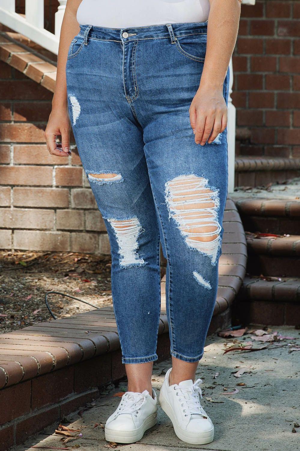 Womens  Plus Size Bottoms | Blue Plus Size Distressed Ripped Skinny Jeans PLUS SIZE Blue