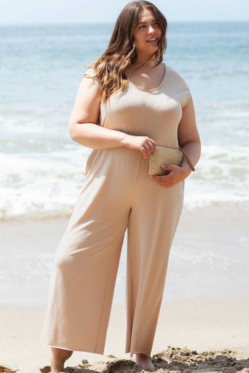 Womens  Plus Size Bottoms | Light French Beige Cap Sleeve Round Neck Curvy Wide Leg Jumpsuit PLUS SIZE Light French Beige