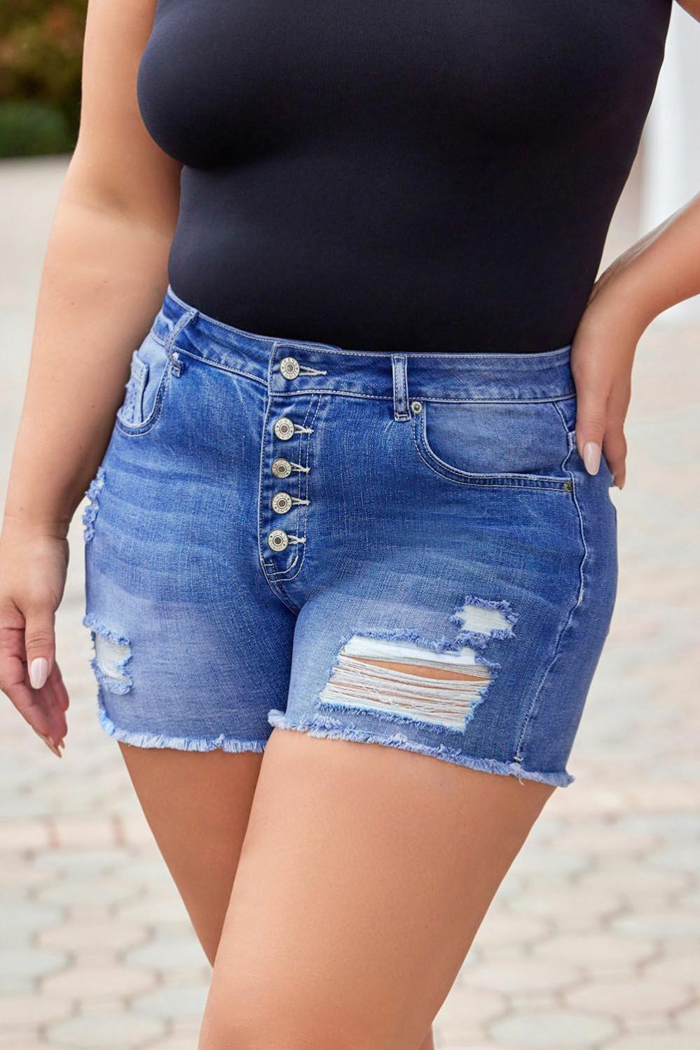 Womens  Plus Size Bottoms | Sky Blue Quintuplicate Button Fly High Rise Plus Denim Shorts PLUS SIZE Plus Size Bottoms