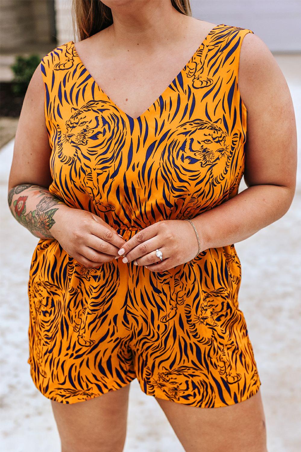 Womens  Plus Size Bottoms | Yellow Plus Size Tiger Print Sleeveless V Neck Romper PLUS SIZE Plus Size Bottoms