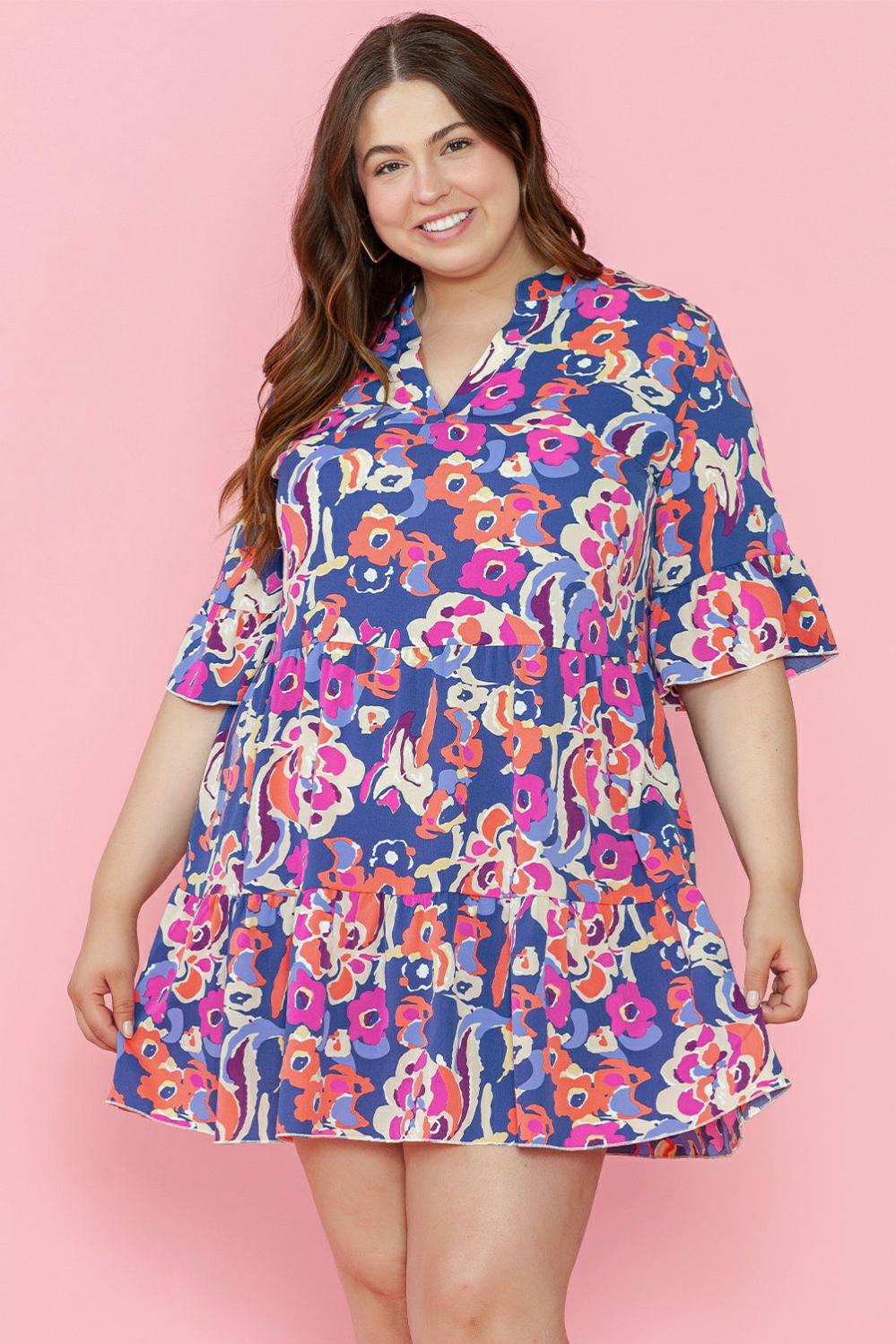 Womens  Plus Size Dresses | Blue Plus Size Floral Print Ruffled 3/4 Sleeve Mini Dress PLUS SIZE Blue