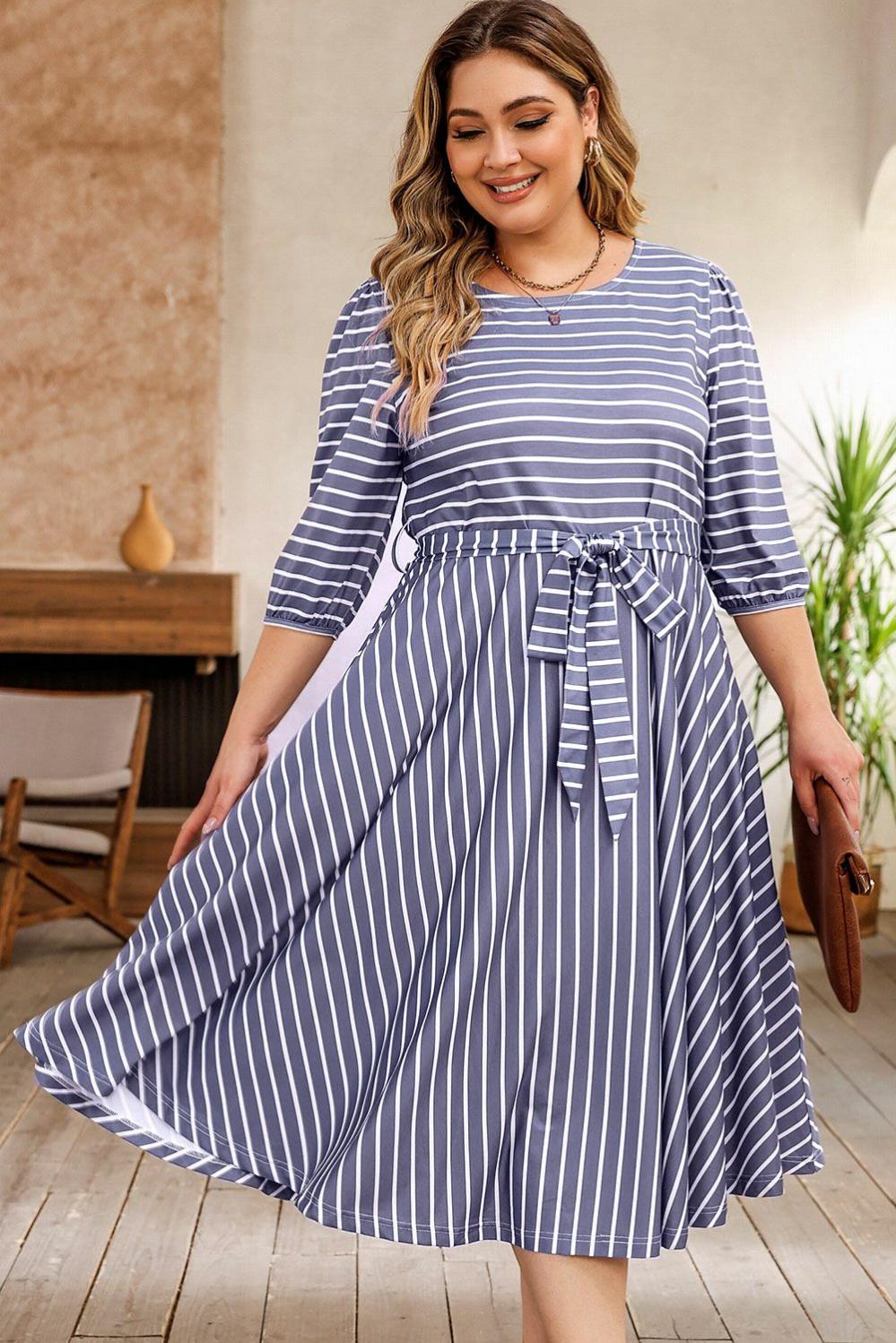 Womens  Plus Size Dresses | Gray Striped Tie Waist 3/4 Sleeve Plus Size Dress PLUS SIZE Gray