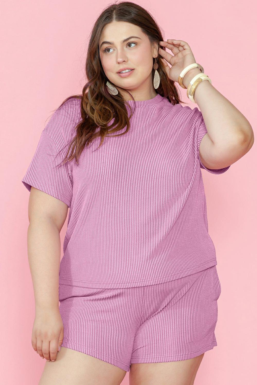 Womens  Plus Size Loungewear | Phalaenopsis Ribbed Knit T Shirt and Shorts Plus Size Lounge Set PLUS SIZE Phalaenopsis