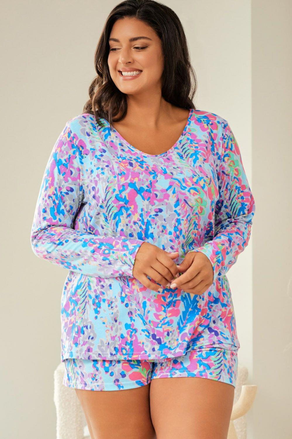 Womens  Plus Size Loungewear | Sky Blue Plus Size Floral Print Long Sleeve and Shorts Lounge Outfit PLUS SIZE Plus Size Loungewear