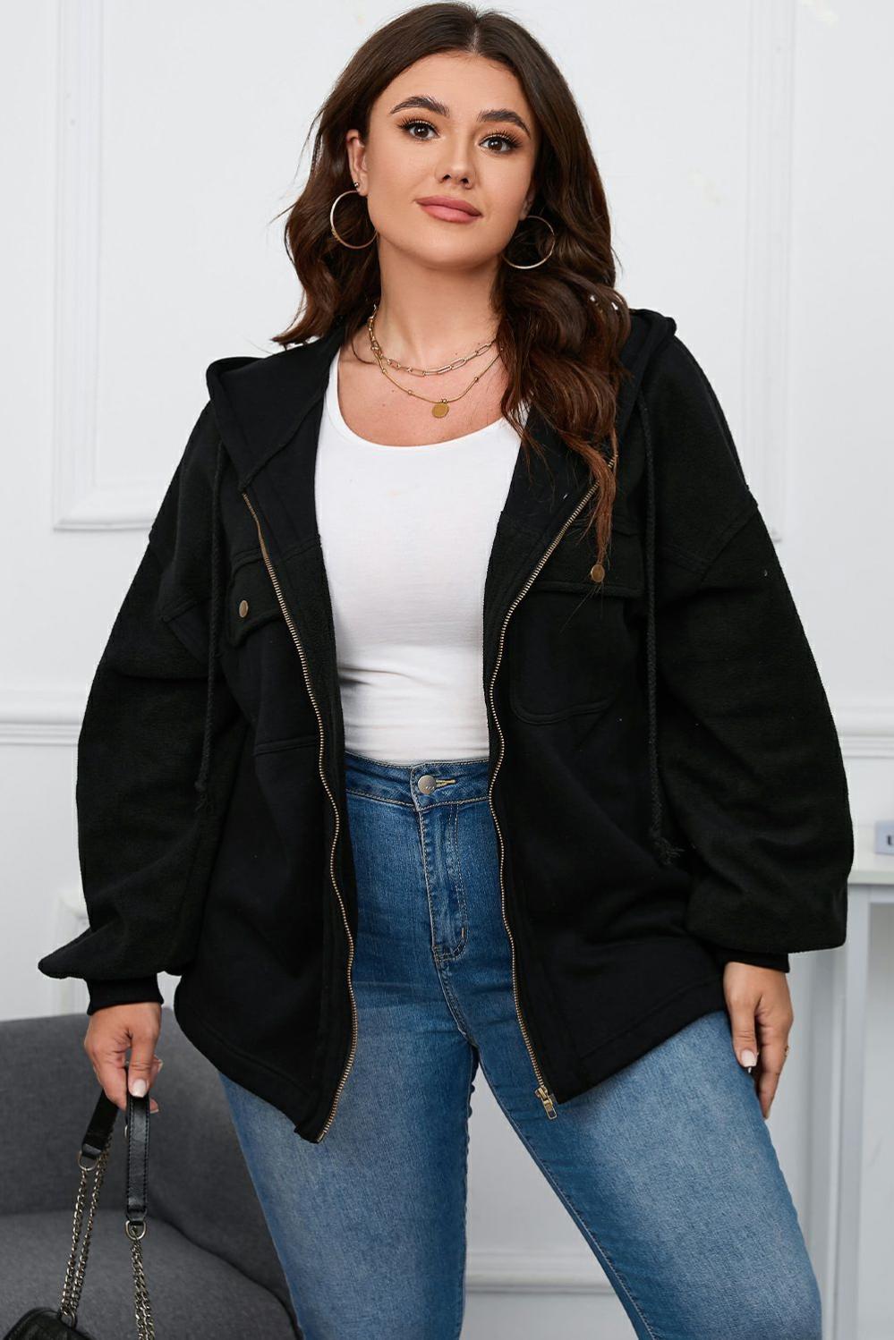 Womens  Plus Size Outerwear | Black Plus Size Bishop Sleeve Zip Up Hooded Jacket PLUS SIZE Black