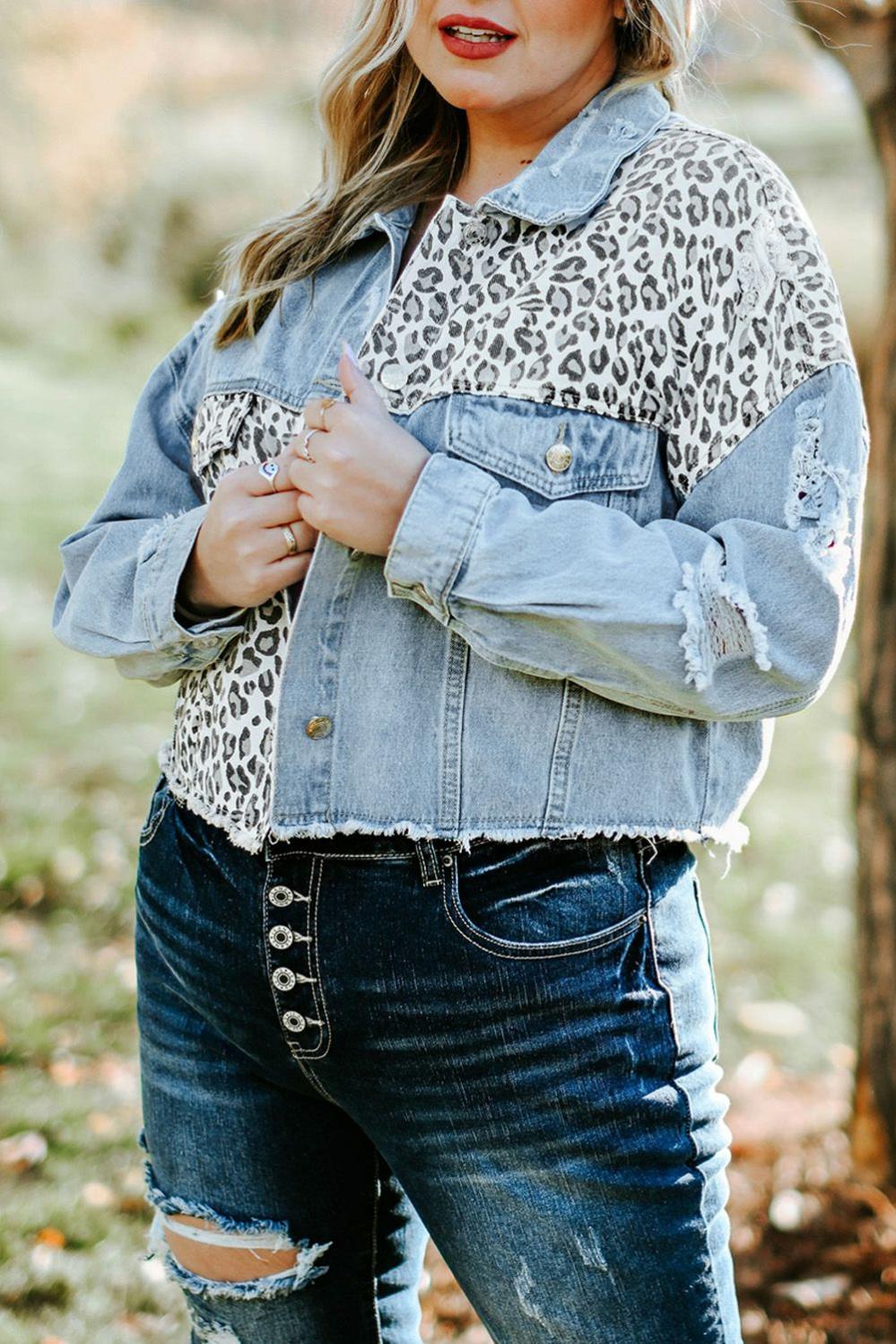 Womens  Plus Size Outerwear | Blue Plus Size Leopard Ripped Cropped Denim Jacket PLUS SIZE Plus Size Outerwear