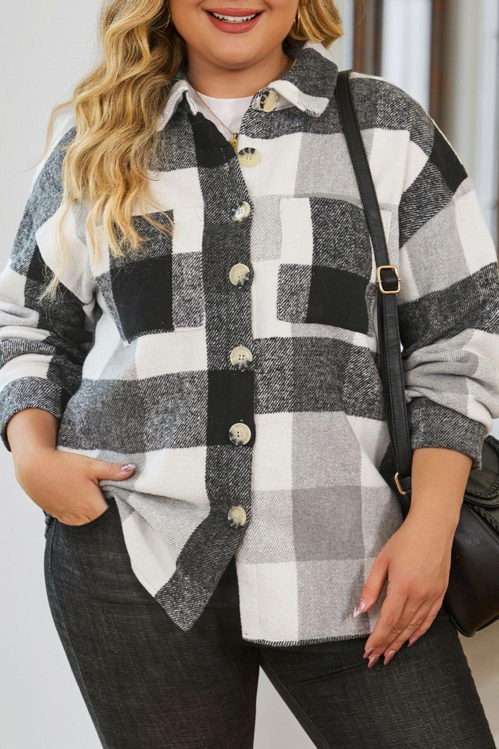 Womens  Plus Size Outerwear | Gray Plus Size Checkered Button-Up Shacket PLUS SIZE Gray