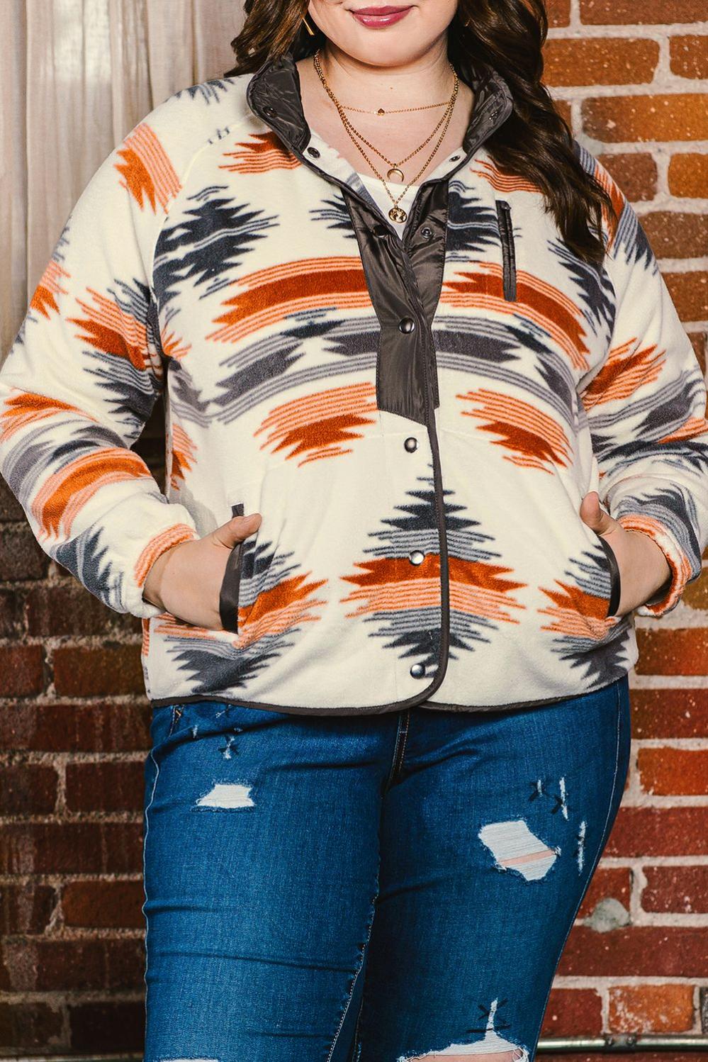 Womens  Plus Size Outerwear | Gray Printed Aztec Print Stand Neck Snap Buttons Plus Size Jacket PLUS SIZE Gray Printed