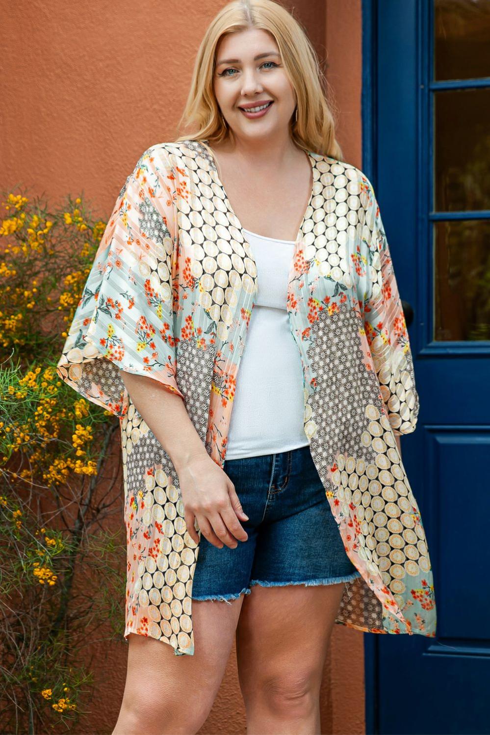 Womens  Plus Size Outerwear | Green Floral Mixed Print Open Front Plus Kimono PLUS SIZE Green