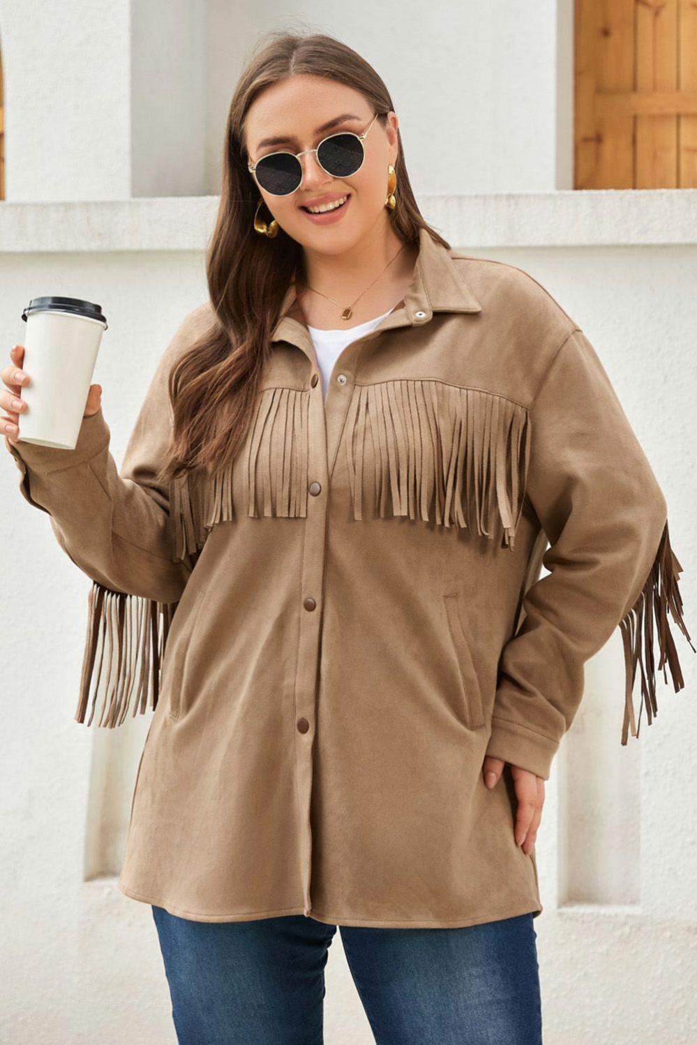 Womens  Plus Size Outerwear | Khaki Fringe Trim Plus Size Suede Shacket PLUS SIZE Khaki