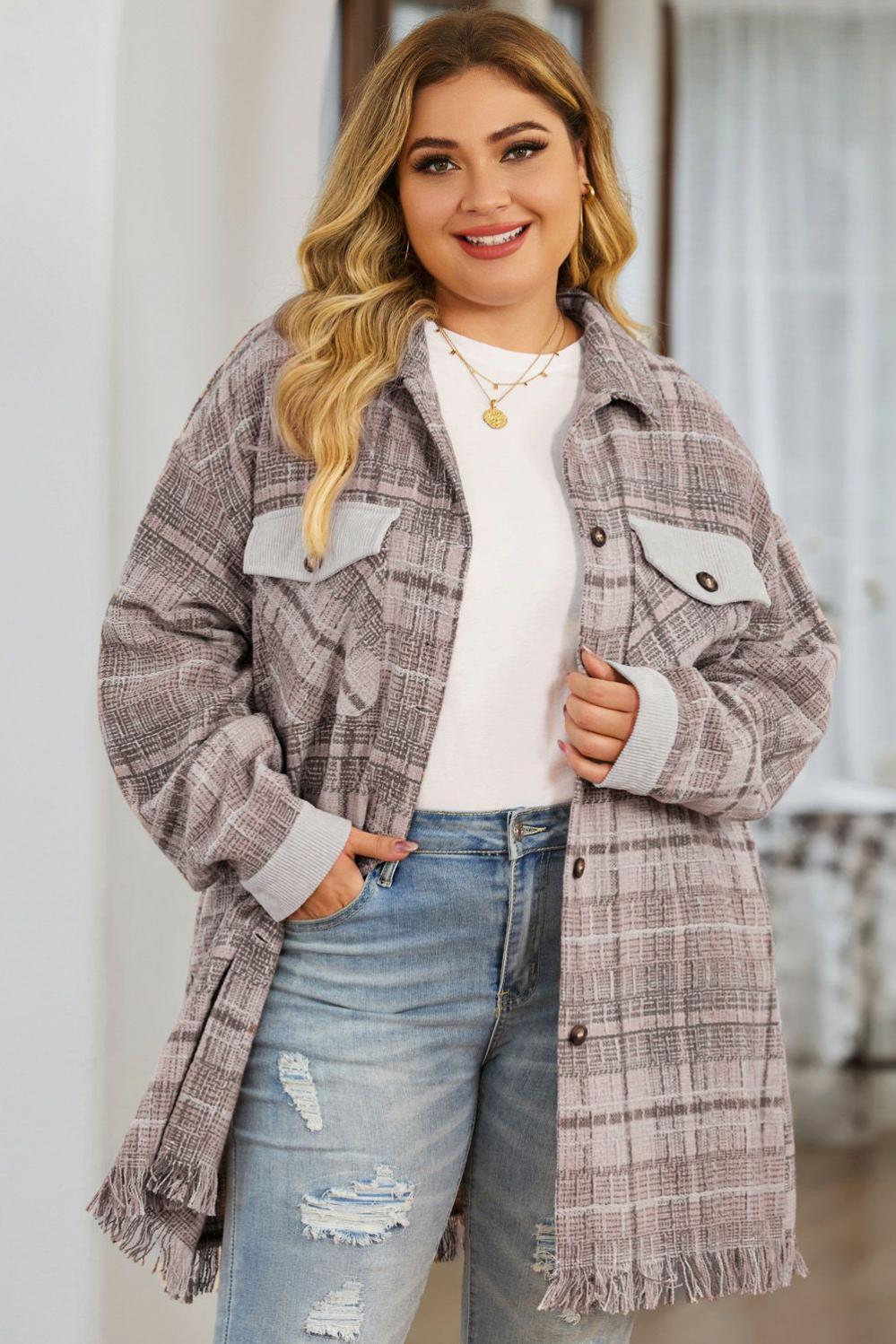 Womens  Plus Size Outerwear | Pink Plus Size Macrame Plaid Coat PLUS SIZE Pink