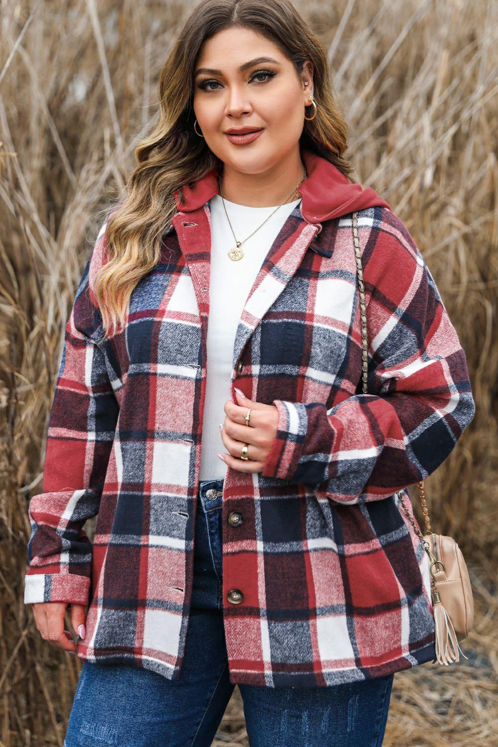 Womens  Plus Size Outerwear | Red Printed Plus Size Plaid Button up Hooded Jacket PLUS SIZE Plus Size Outerwear