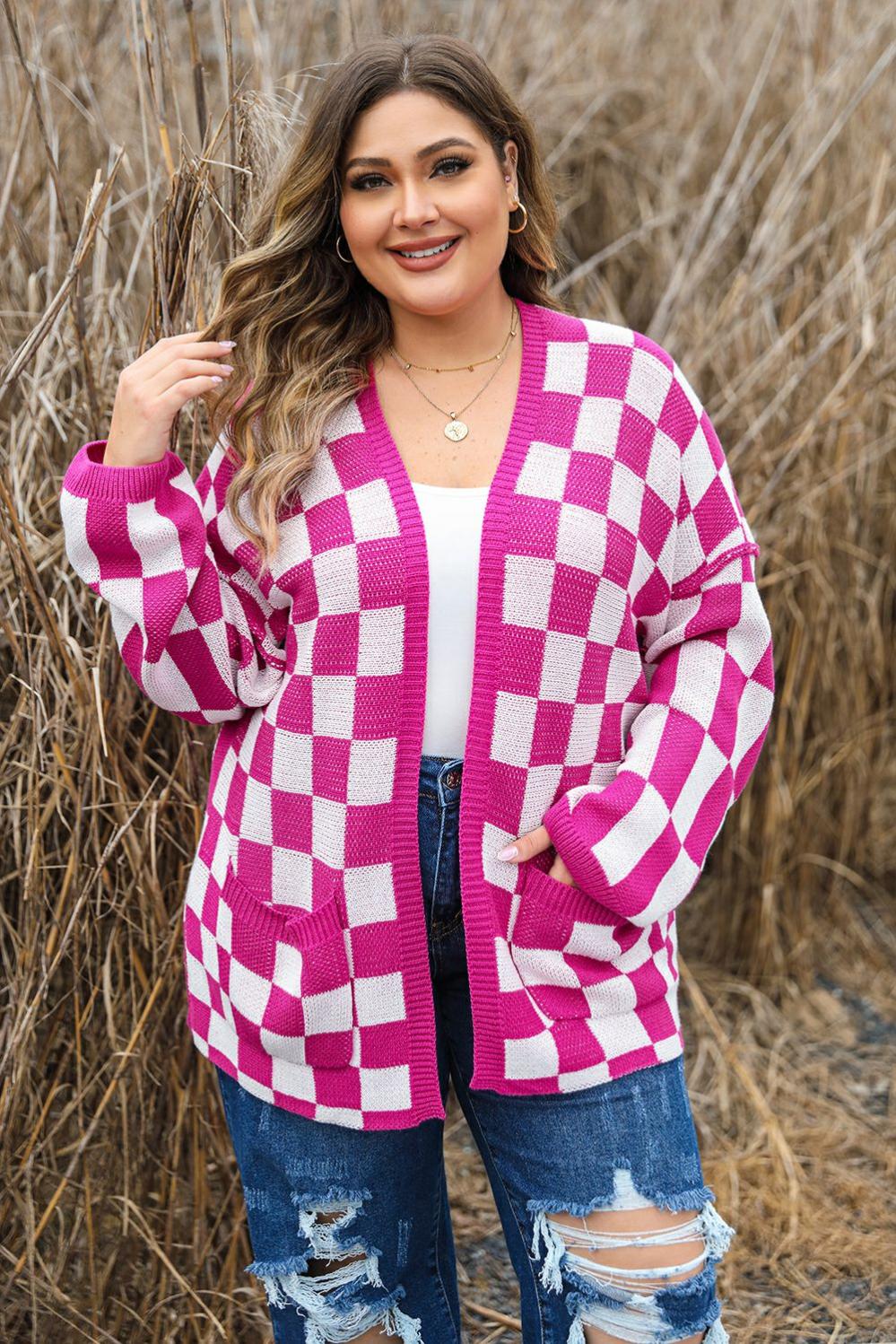 Womens  Plus Size Sweaters & Cardigans | Bonbon Checkered Pattern Open Front Plus Size Cardigan PLUS SIZE Bonbon