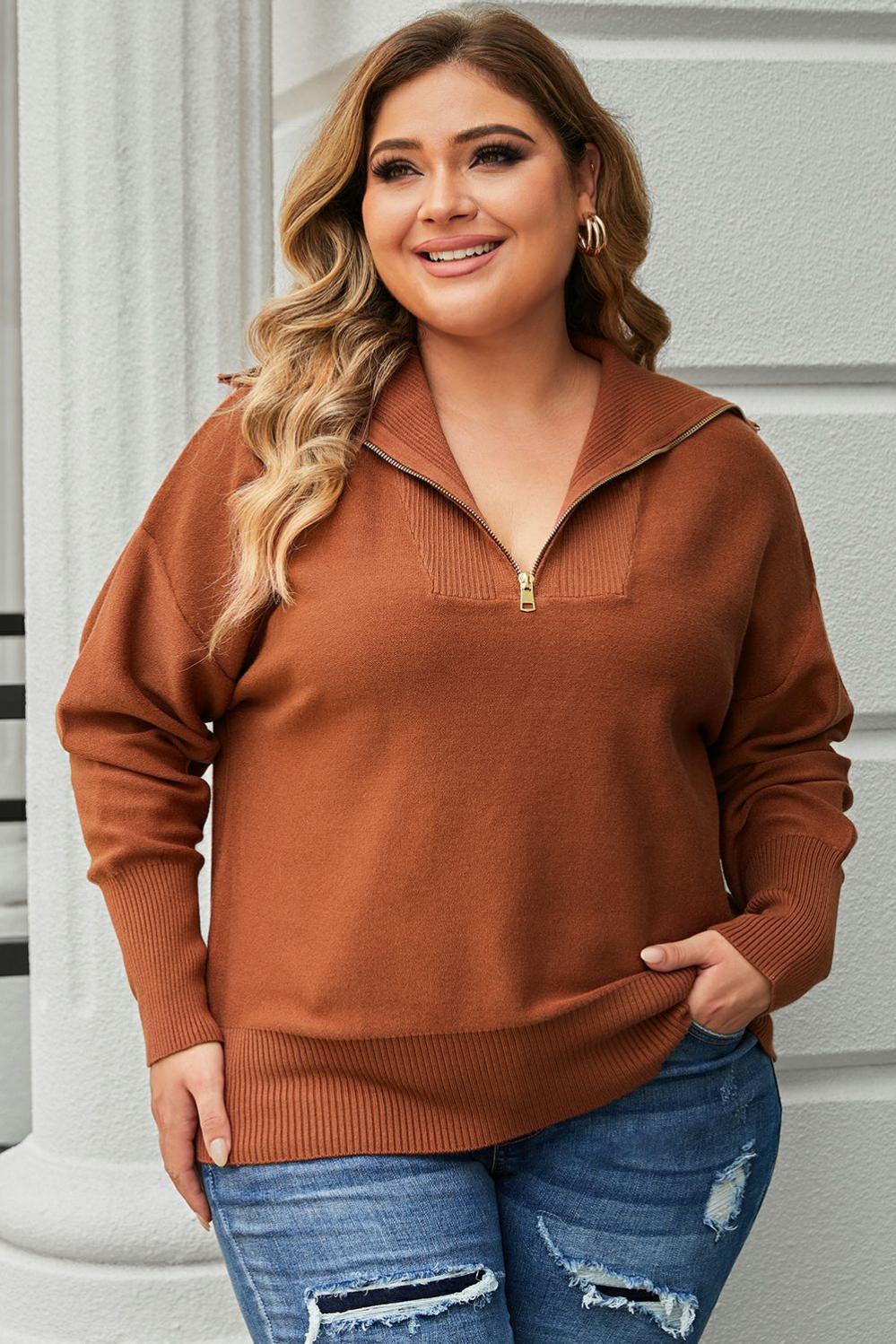 Womens  Plus Size Sweaters & Cardigans | Brown Solid Ribbed Trim Plus Size Zip Collar Sweater PLUS SIZE Brown