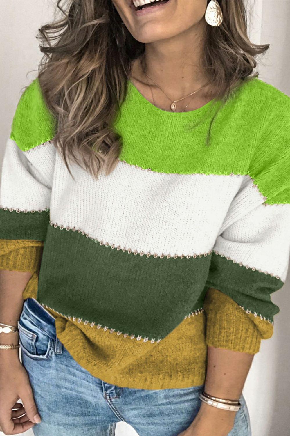 Womens  Plus Size Sweaters & Cardigans | Green Plus Size Color Block Patchwork Sweater PLUS SIZE Green